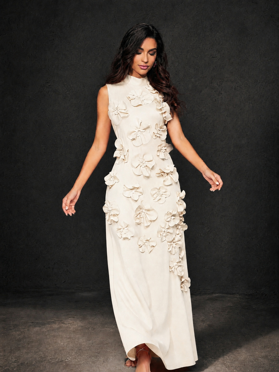 BOLODOO Ivory Mock Neck Sleeveless 3D Floral Appliqué Maxi Dress with Bow Back - Ivory