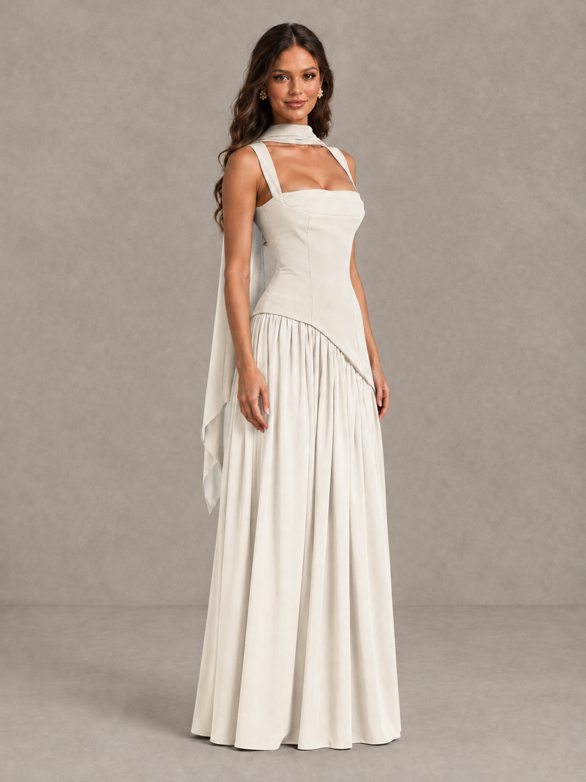 BOLODOO Ivory Brown Scarf Bridesmaid Dress with Lace-Up Back - Ivory - Ivory (3)