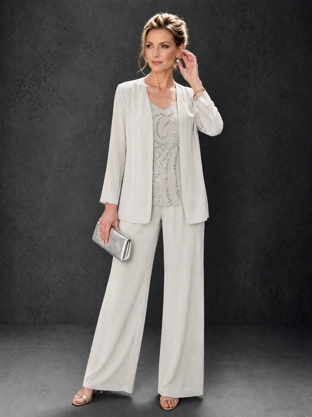 BOLODOO Ivory 3-Piece Mother of the Bride Pant Suit with Beaded Top & Chiffon Jacket - Ivory