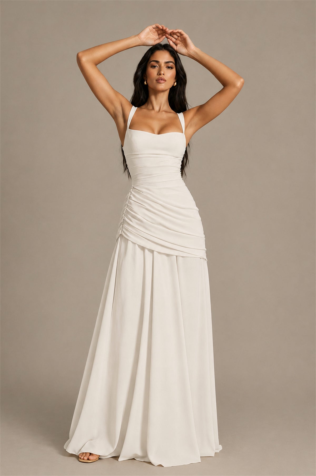 BOLODOO Square Neck Ruched A-Line Maxi Dress - Ivory Backless Evening Gown - Ivory