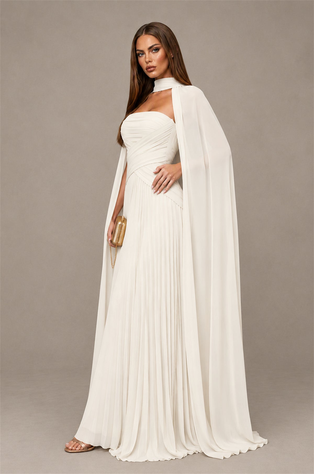 BOLODOO Ivory Strapless Crossover Ruched Bodice Detached Turtleneck Cape Lace-Up Back Pleated Chiffon Maxi Dress - Ivory
