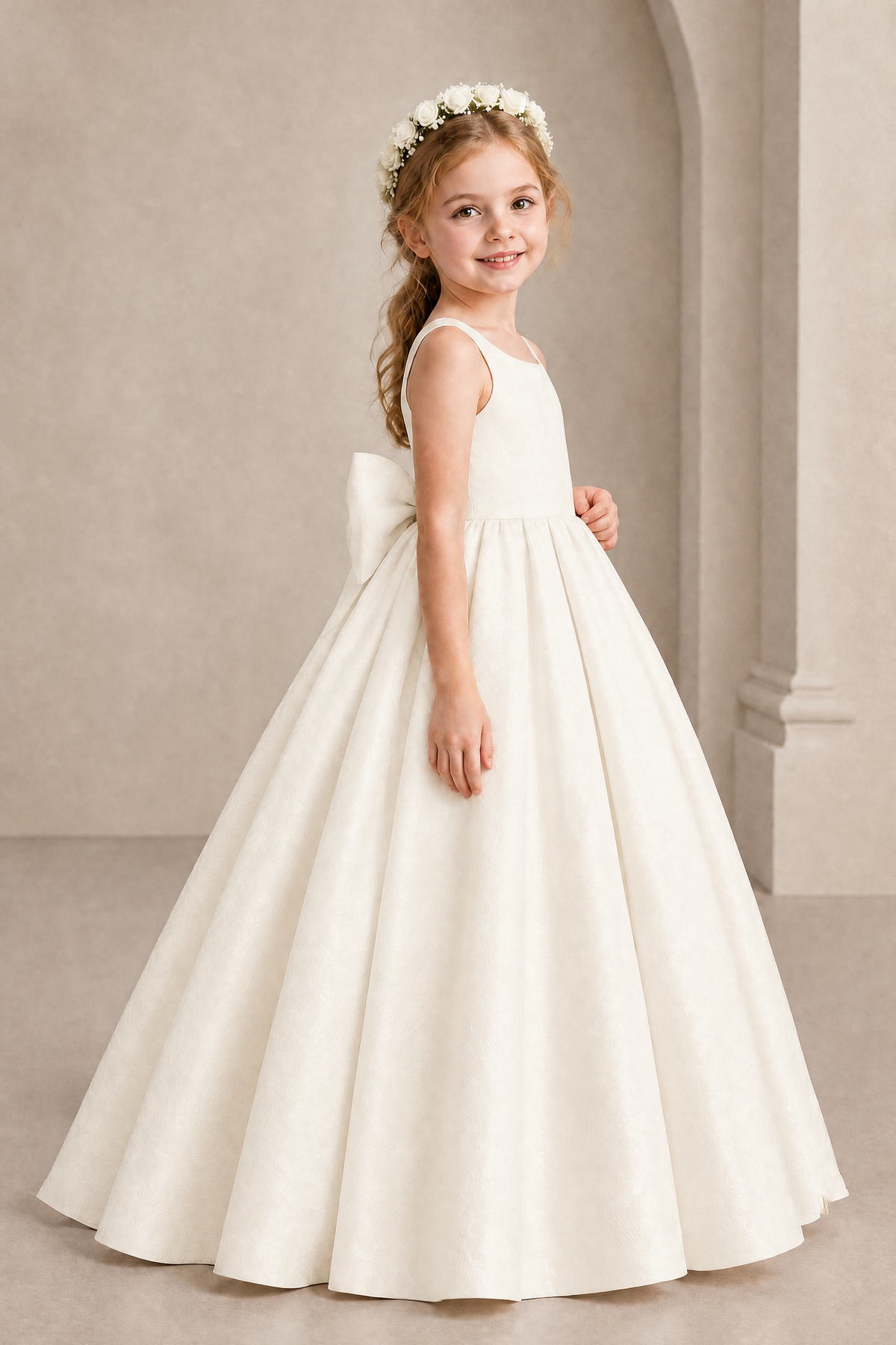 BOLODOO Ivory Girls' A-Line Flower Girl Dress with Back Bow - Ivory