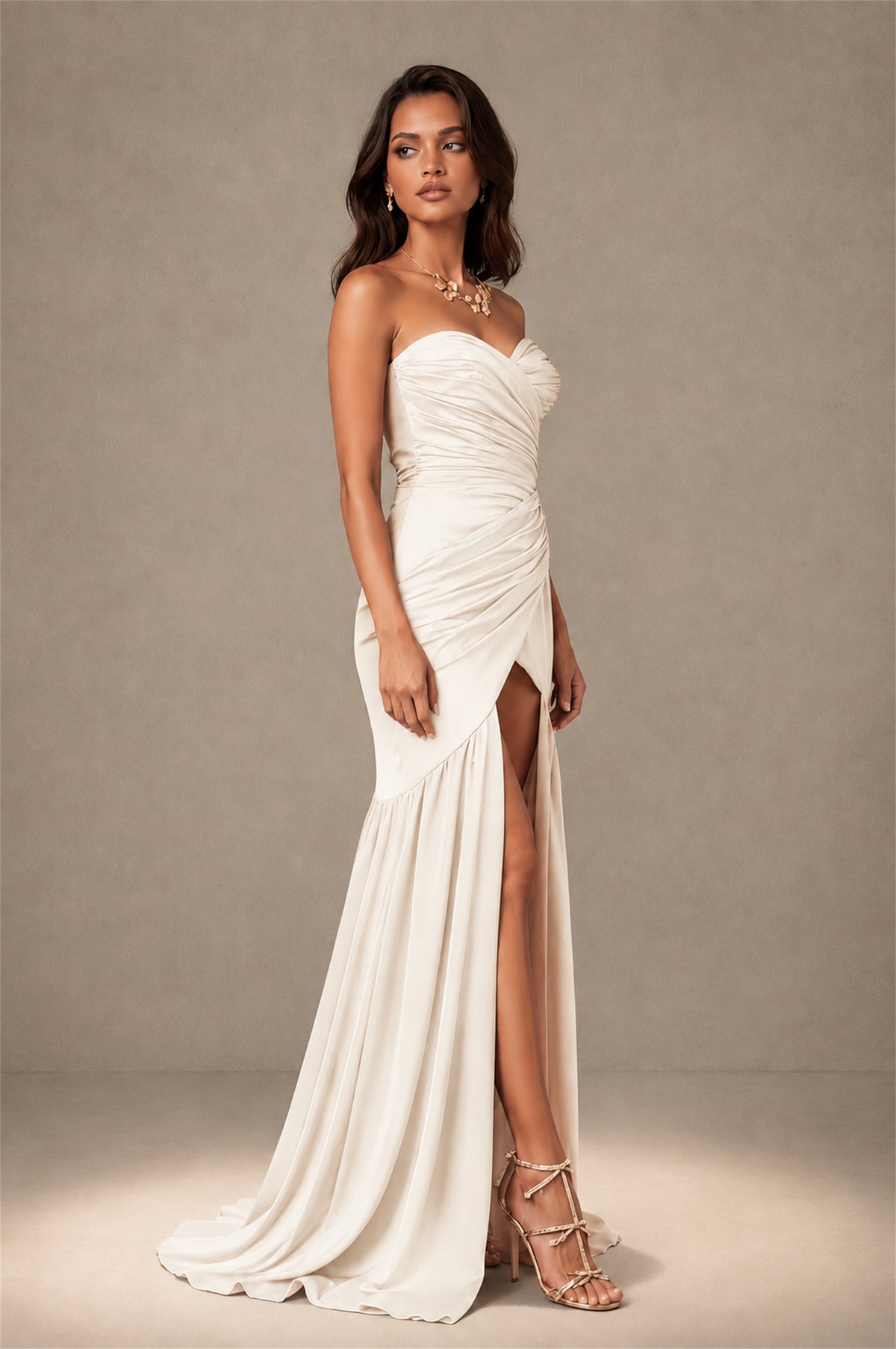 BOLODOO Ivory Brown Stretch Satin Sweetheart Strapless Ruched Open Back High Slit Mermaid Maxi Dress - Ivory