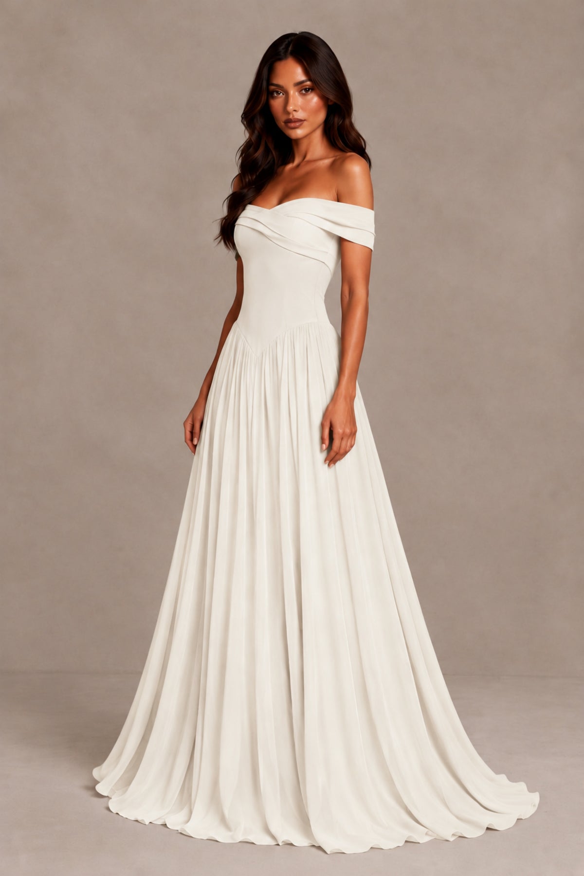 BOLODOO Ivory Off-Shoulder Sweetheart Corset Pleated Chiffon Maxi Dress - Ivory - Ivory (3)