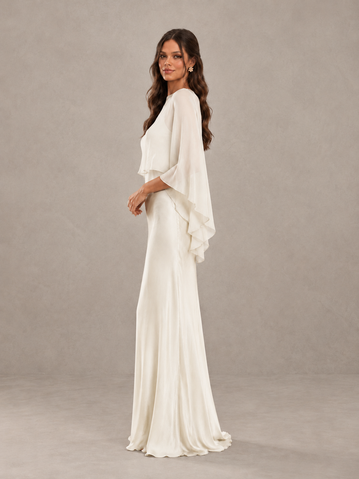 BOLODOO Ivory Satin Mermaid Bridesmaid Dress with Chiffon Cape - Ivory - Ivory (3)