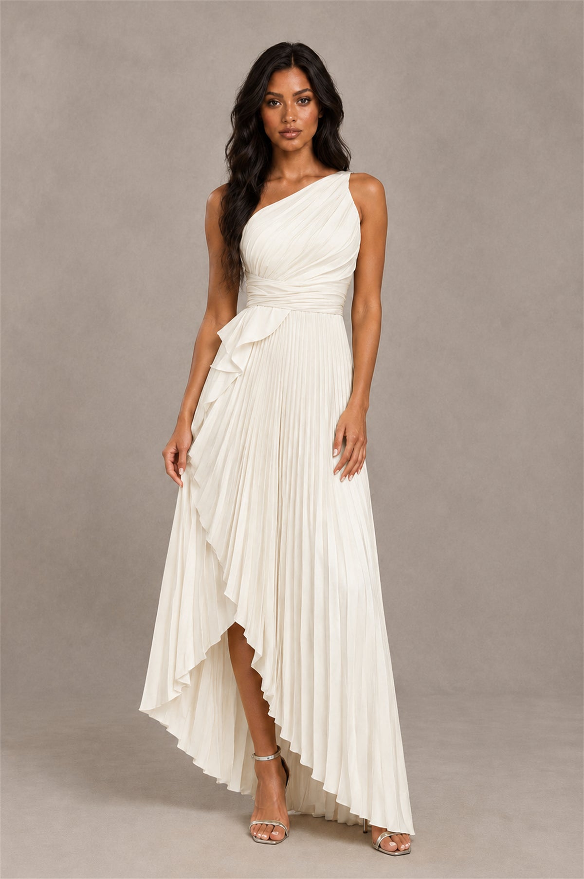BOLODOO Ivory One-Shoulder High-Low Ruffle Maxi Dress - Ivory