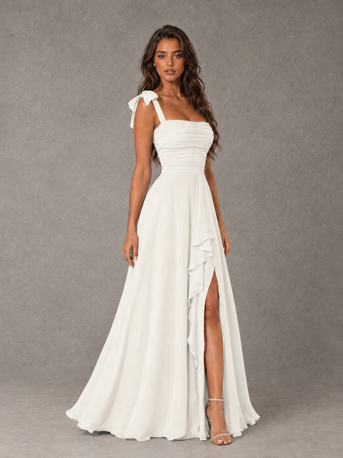 BOLODOO Ivory Bow-Strap Bridesmaid Dress with Ruffle Slit - Ivory - Ivory (3)
