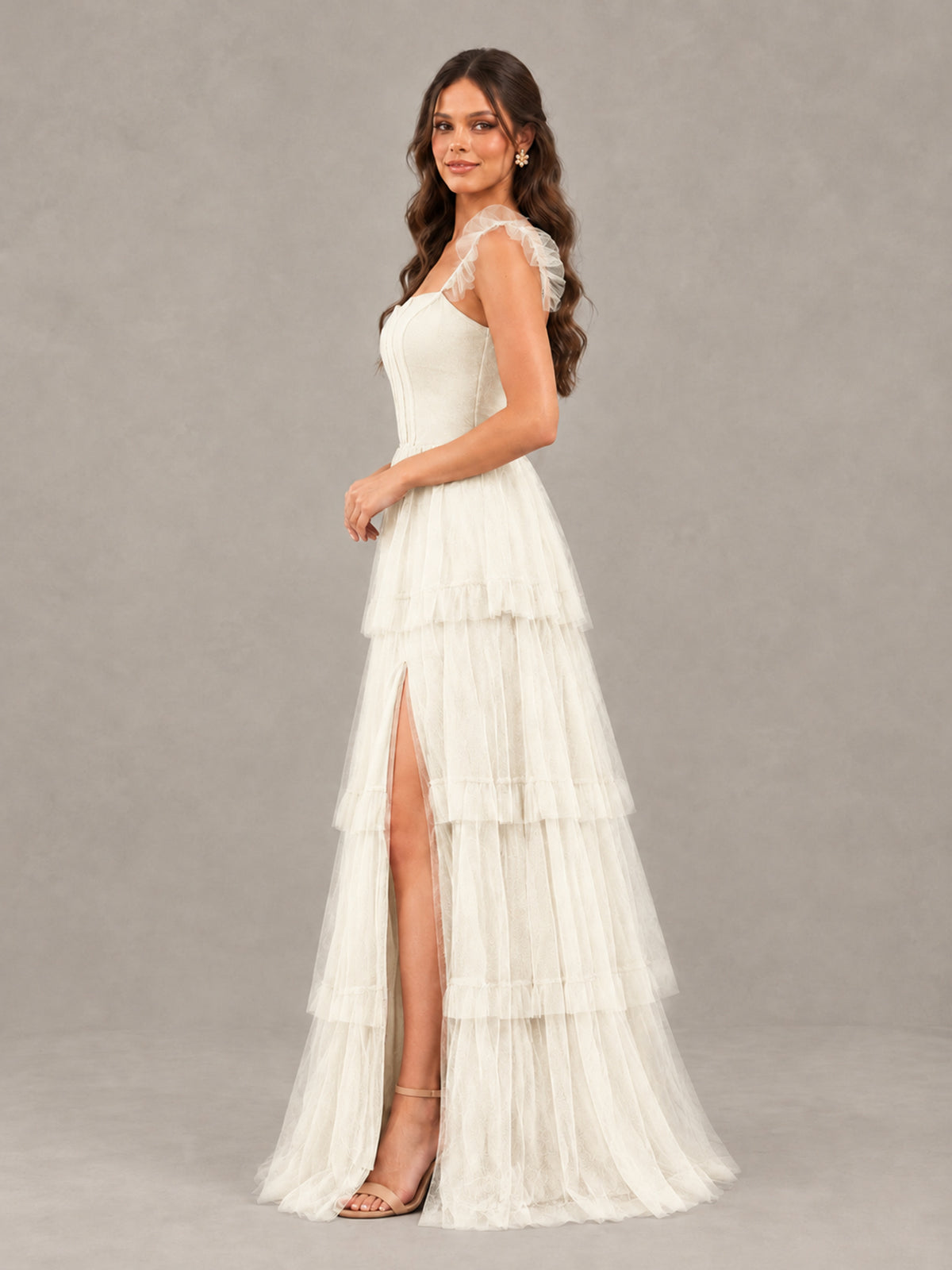 BOLODOO Ivory Tiered Tulle Bridesmaid Dress with Slit - Ivory - Ivory (3)
