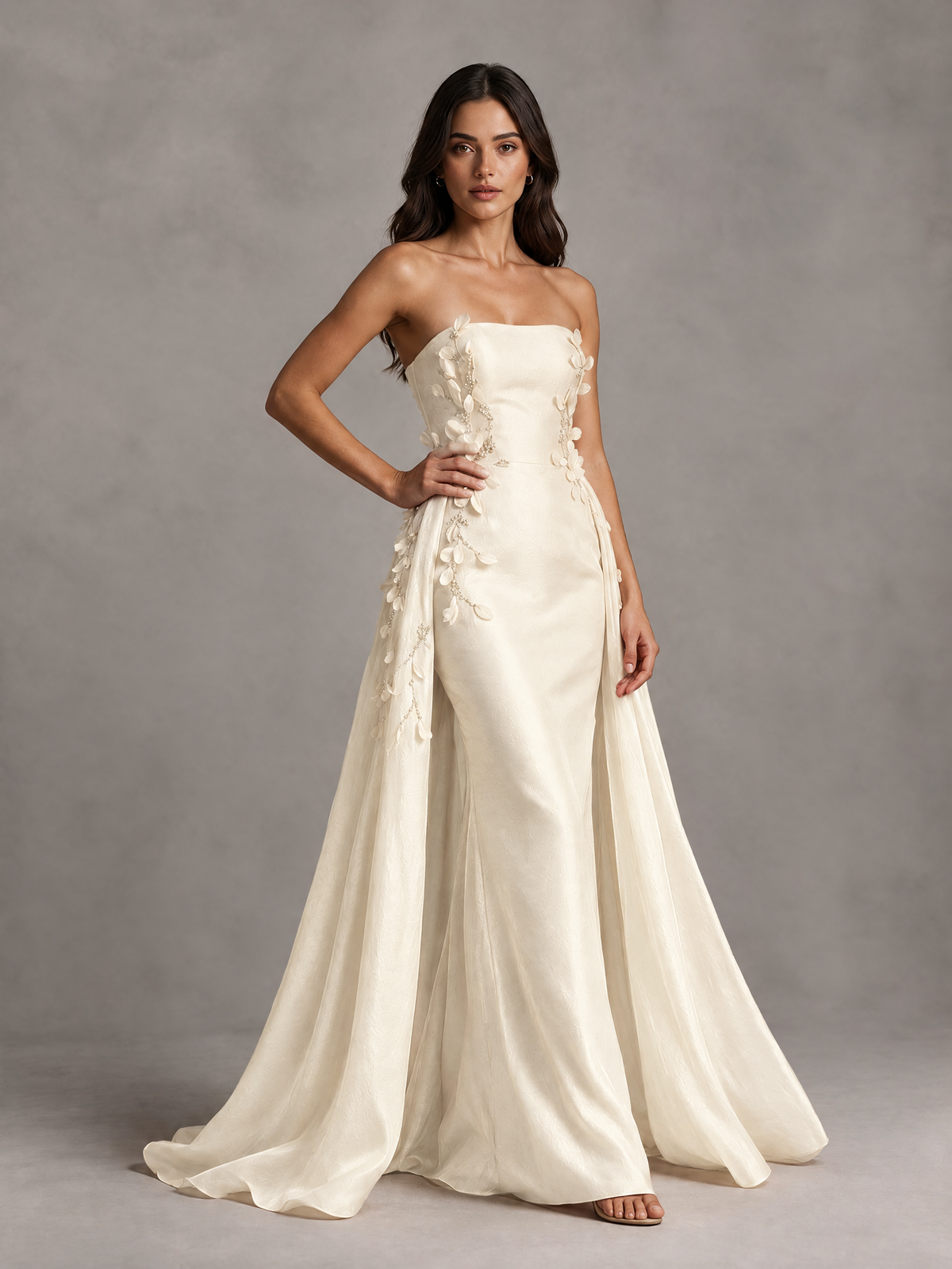 BOLODOO Ivory Strapless Floral Applique Prom Dress with Overskirt - Ivory - Ivory (3)