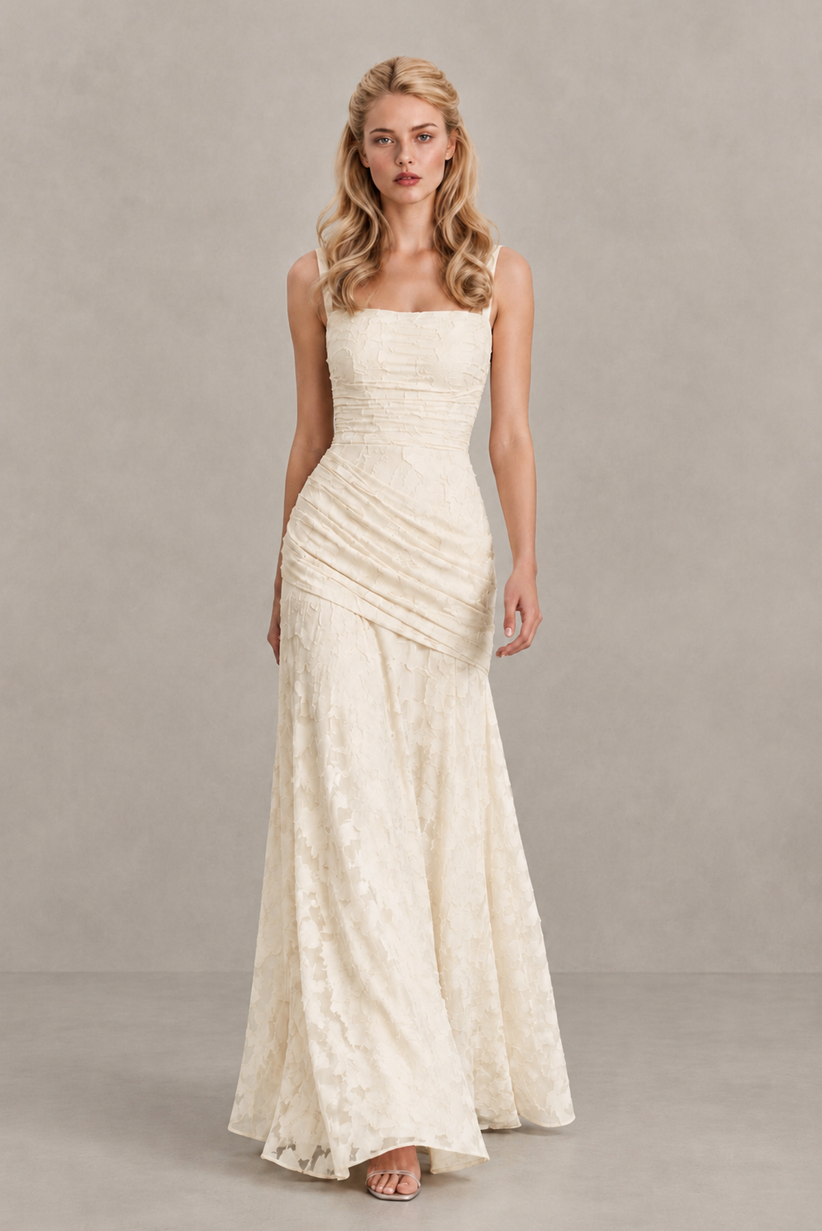 BOLODOO Ivory Ruched Floral Maxi Dress with Lace-Up Back - Ivory