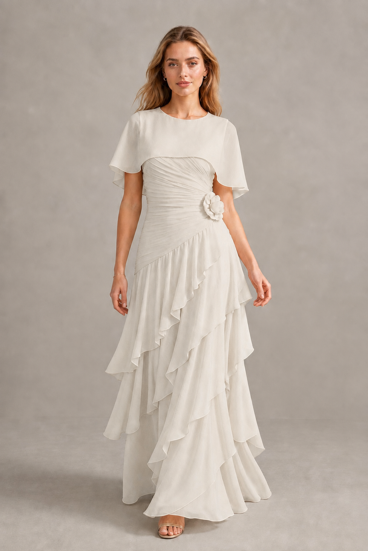 BOLODOO Ivory Chiffon Flutter Sleeve Tiered Maxi Dress with 3D Rosette - Ivory