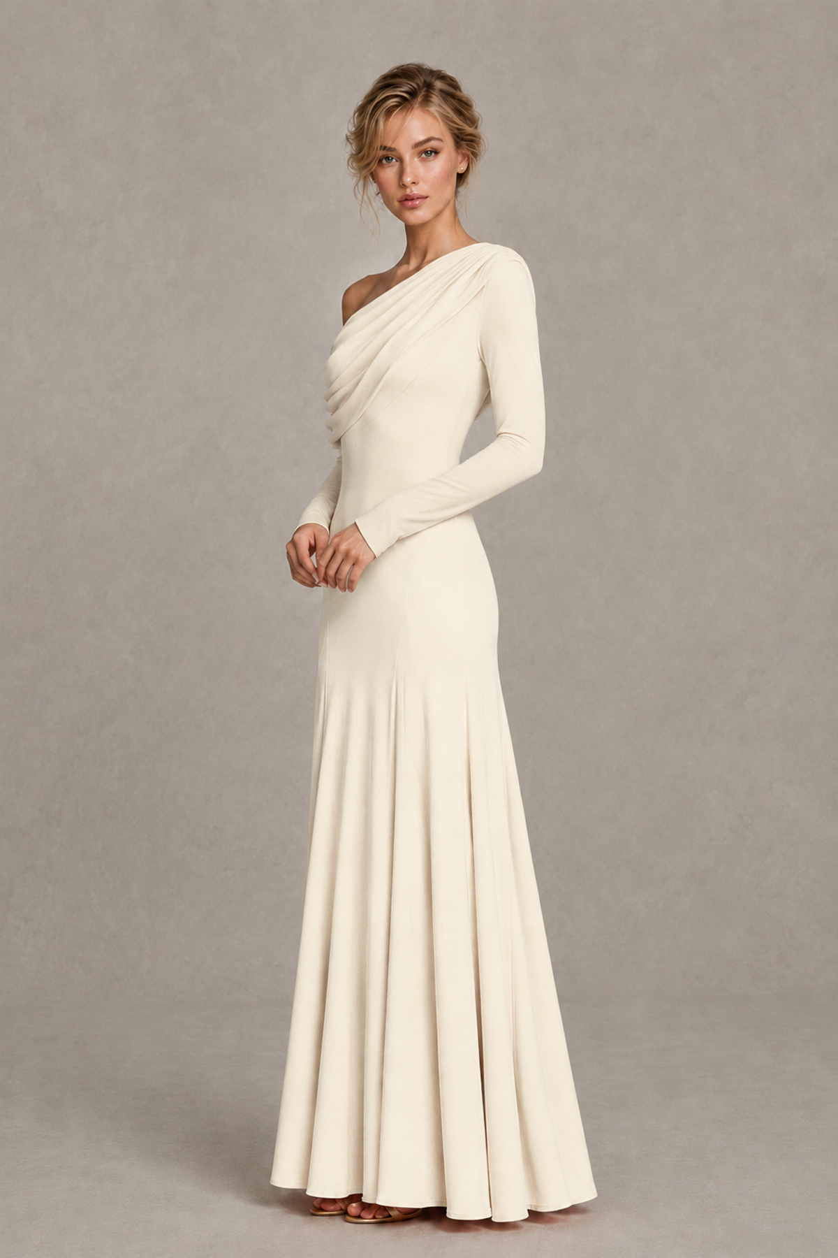 BOLODOO Ivory Asymmetric Draped Long Sleeve Evening Gown - Ivory
