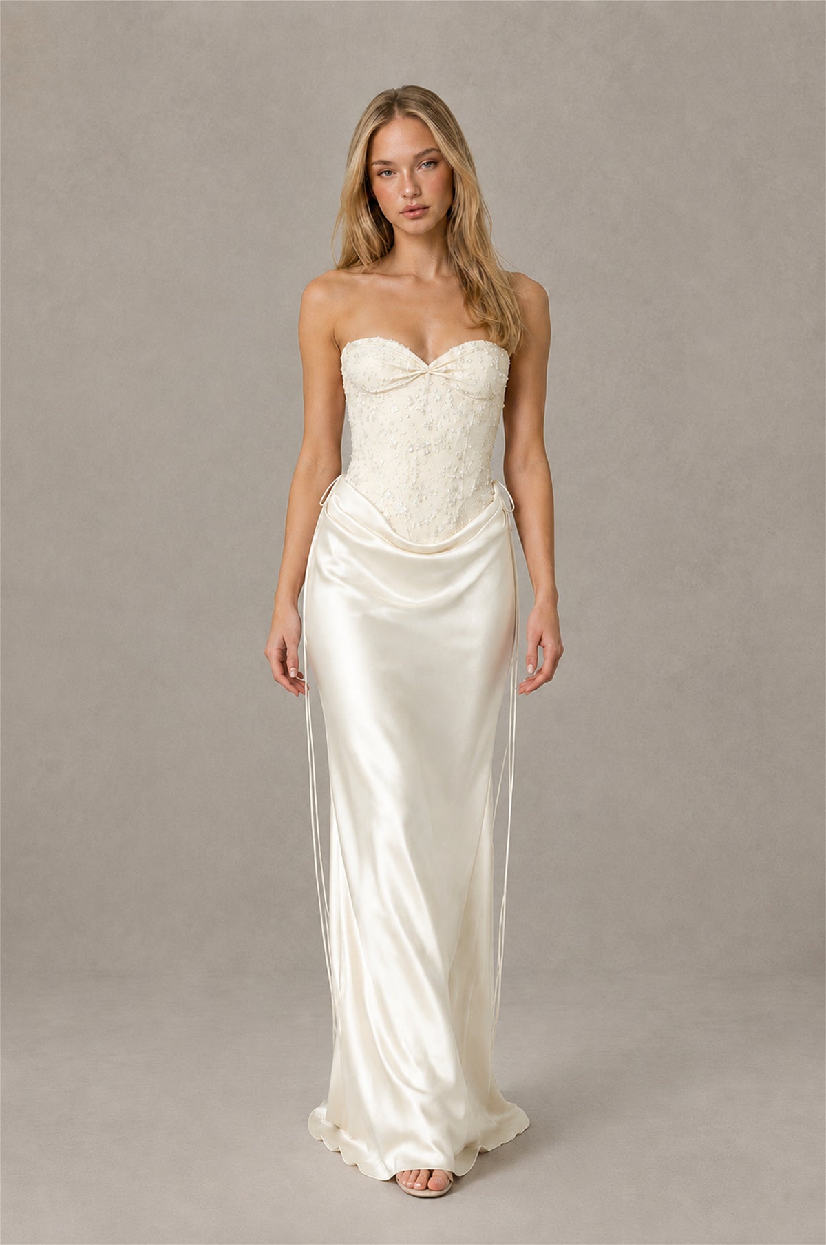 BOLODOO Ivory Strapless Embellished Corset Satin-Look Maxi Dress - Ivory