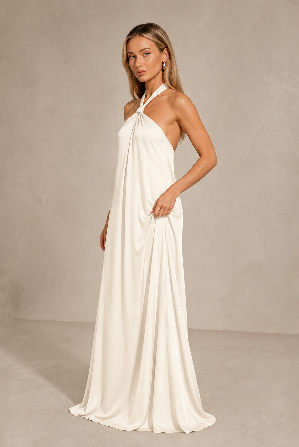 BOLODOO Ivory Backless Halter Satin Bridesmaid Dress - Ivory