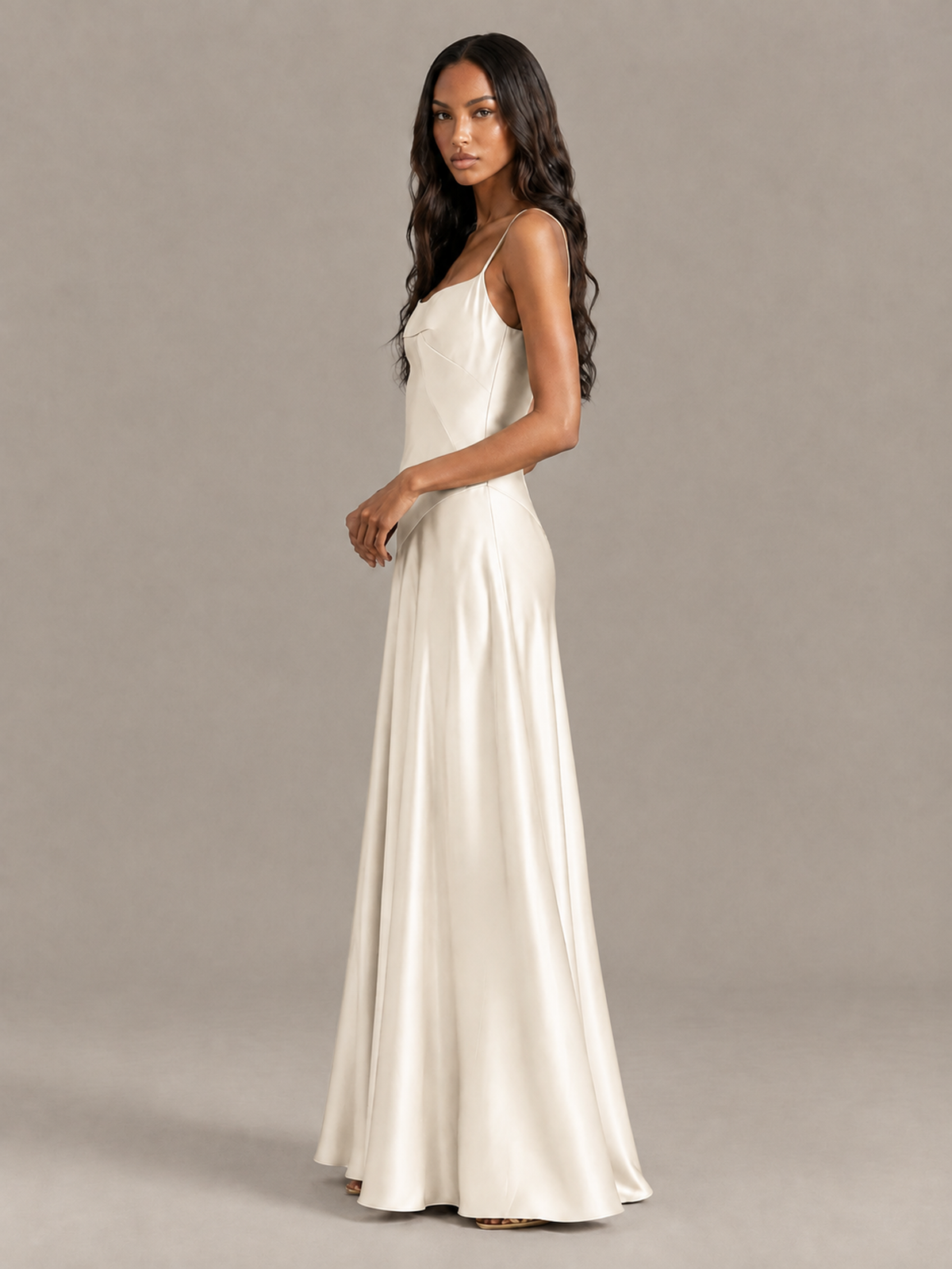 BOLODOO Ivory Satin Lace-Up Back Maxi Dress - Ivory