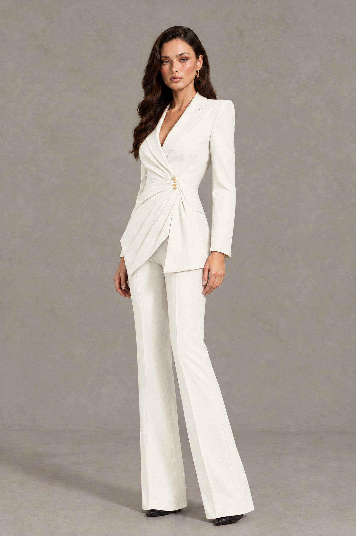 BOLODOO Ivory Long Sleeve Wrap Blazer Pantsuit with Wide-Leg Trousers - Ivory - Ivory (3)