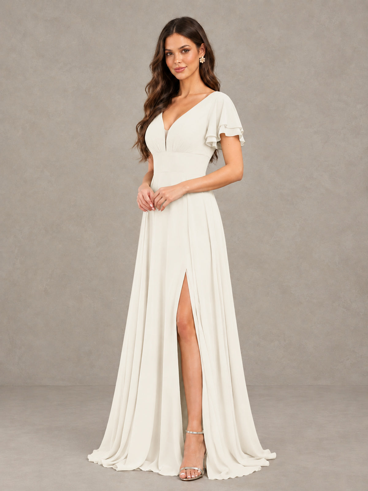 BOLODOO Ivory Flutter Sleeve Chiffon A-Line Maxi Bridesmaid Dress with Open Back & Slit - Ivory - Ivory (3)