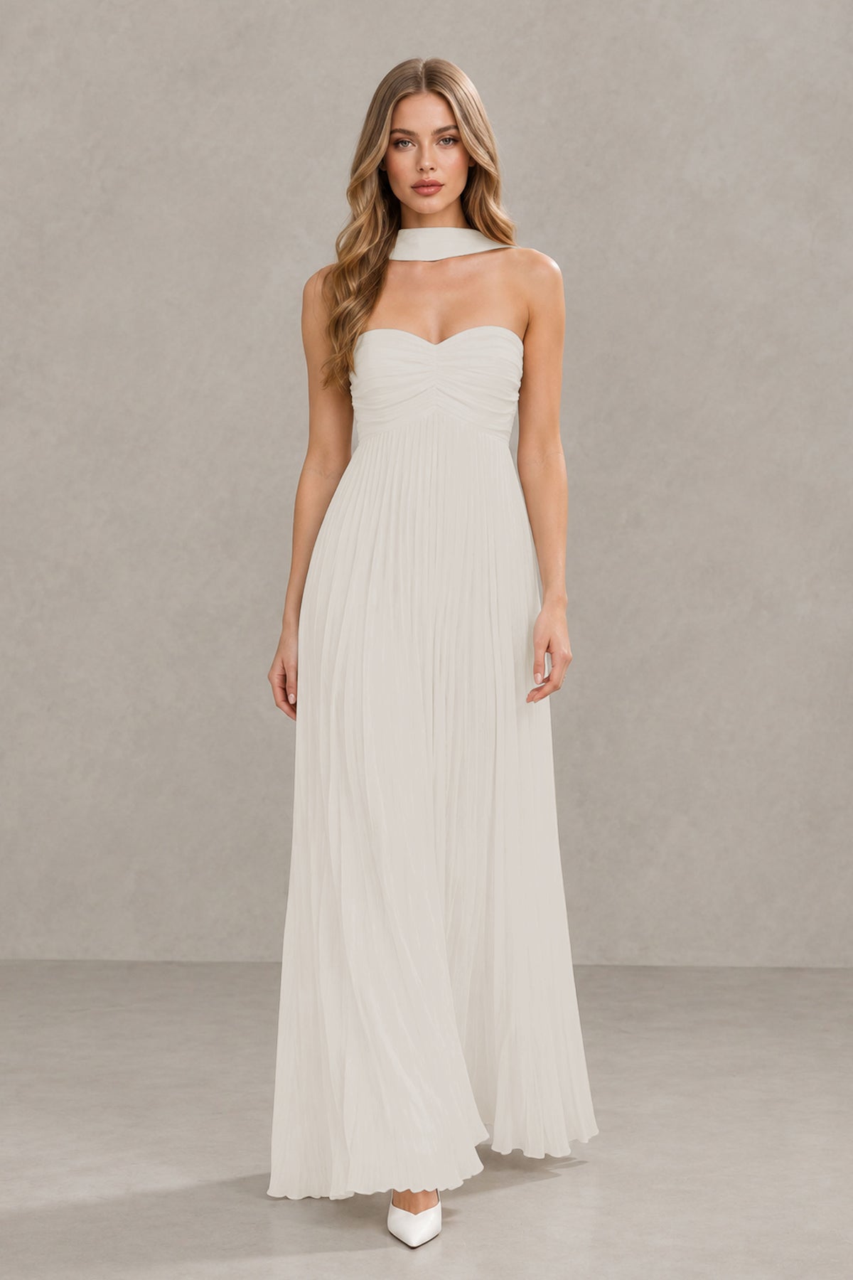 BOLODOO Ivory Strapless Chiffon-Look Maxi Dress with Lace-Up Back & Cape - Ivory