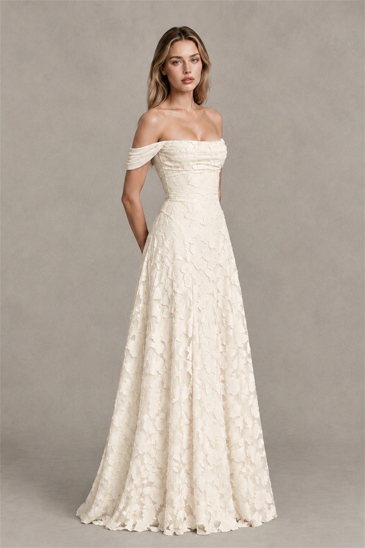 BOLODOO Ivory Off-Shoulder Pleated A-Line Maxi Dress Floral - Ivory