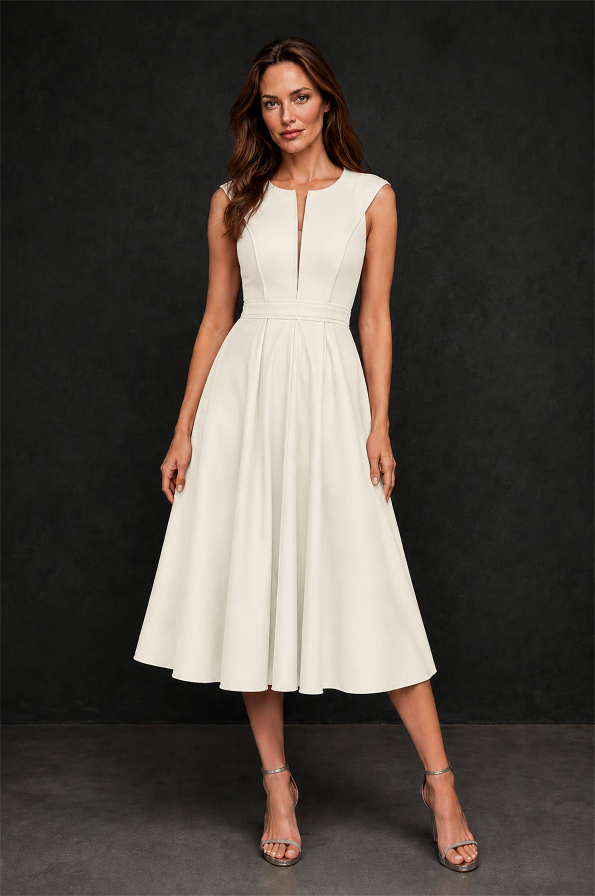 BOLODOO Ivory 3D Rosette Appliqué 3/4 Sleeve Jacket & V-Notch Sleeveless A-Line Tea-Length Two-Piece Dress Set - Ivory