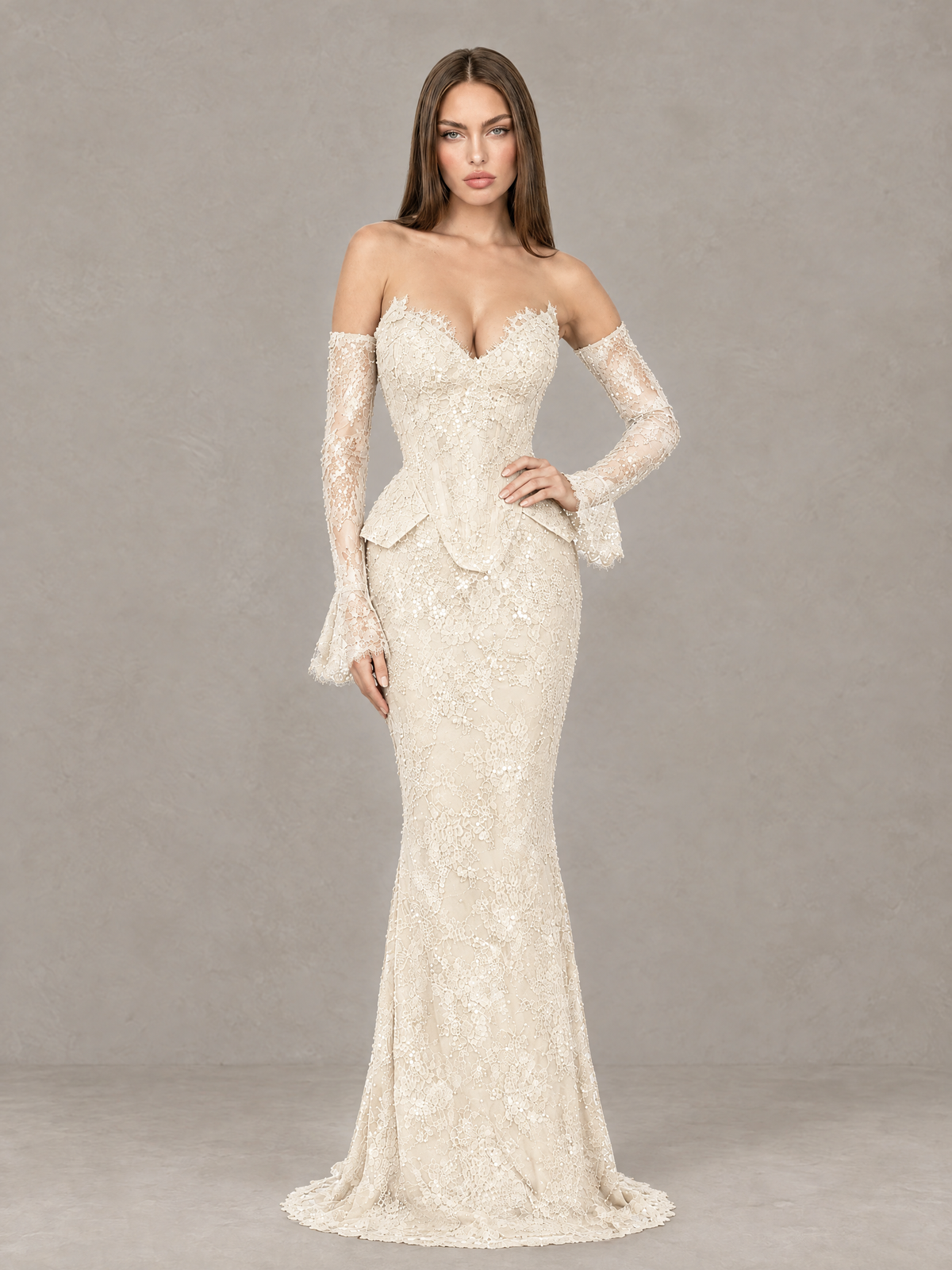 BOLODOO Ivory Lace Off-the-Shoulder Long Sleeve Mermaid Evening Gown - Ivory - Ivory (3)