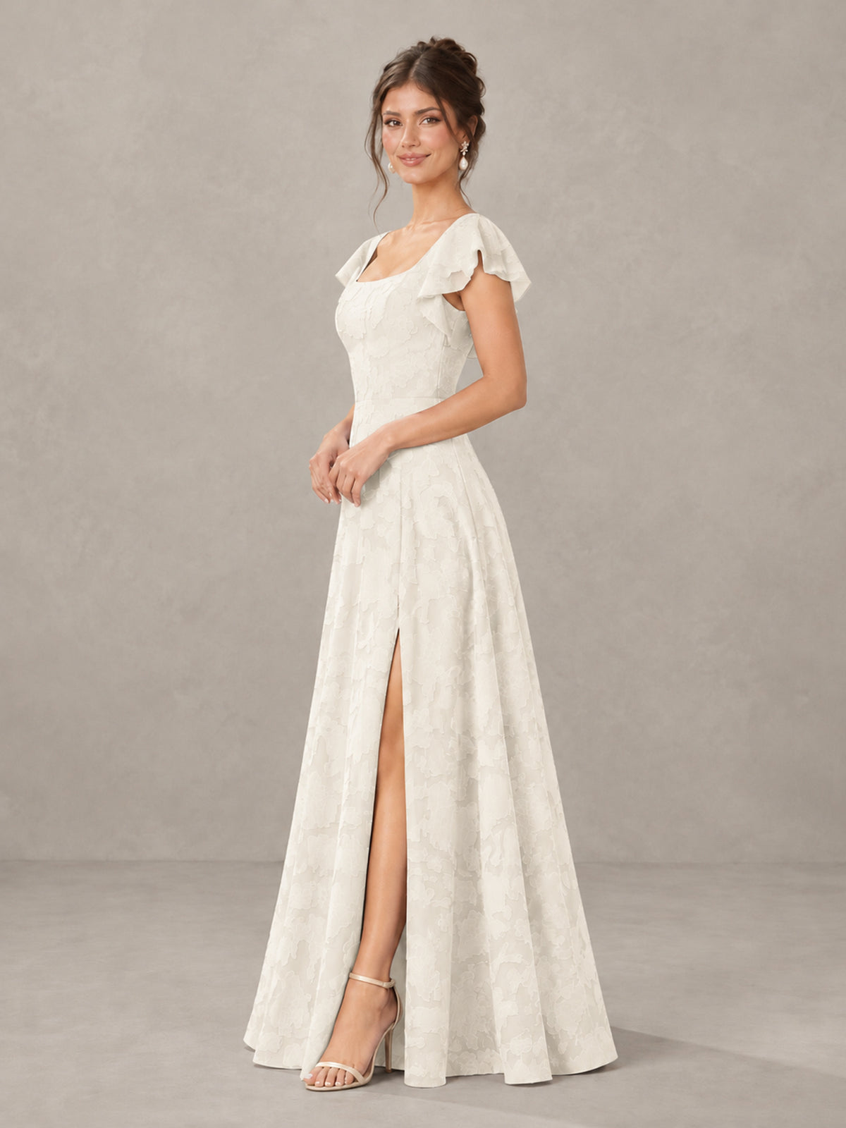 BOLODOO Ivory Floral Flutter Sleeve Bridesmaid Dress with Slit - Ivory - Ivory (3)