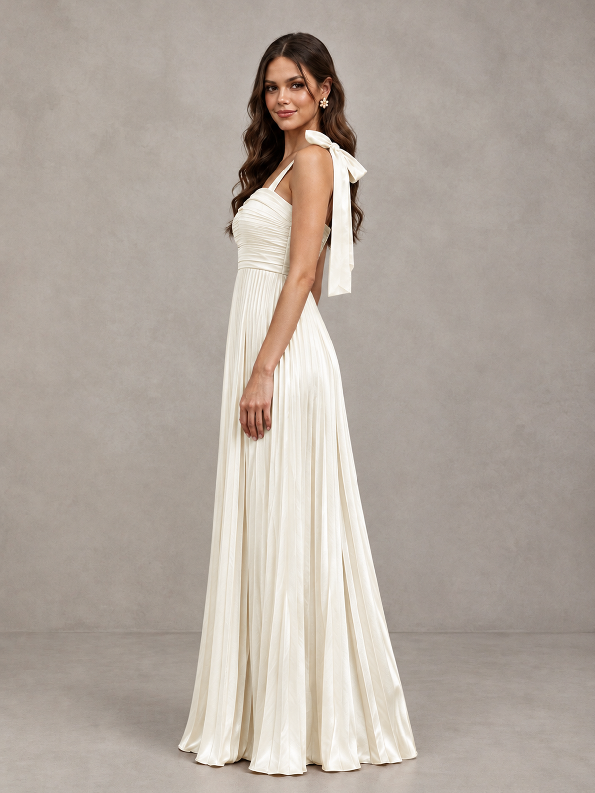BOLODOO Ivory Pleated Bow-Strap Bridesmaid Maxi Dress - Ivory - Ivory (3)