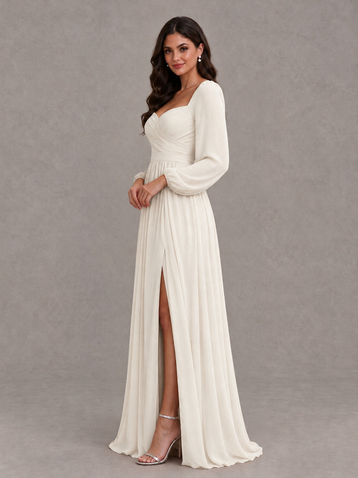 BOLODOO Ivory Long Sleeve Chiffon Bridesmaid Dress with Slit - Ivory - Ivory (3)