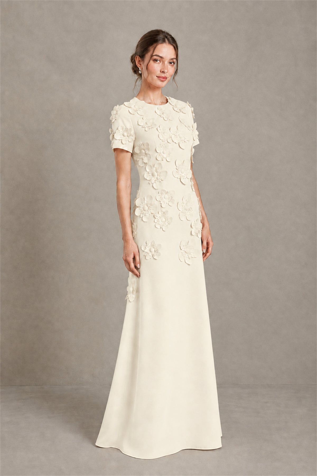BOLODOO Ivory Textured Floral Maxi Dress with Short Sleeves - Ivory
