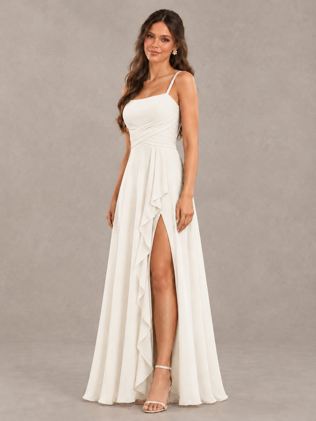 BOLODOO Ivory Spaghetti Strap Ruffle Bridesmaid Dress with Slit - Ivory - Ivory (3)