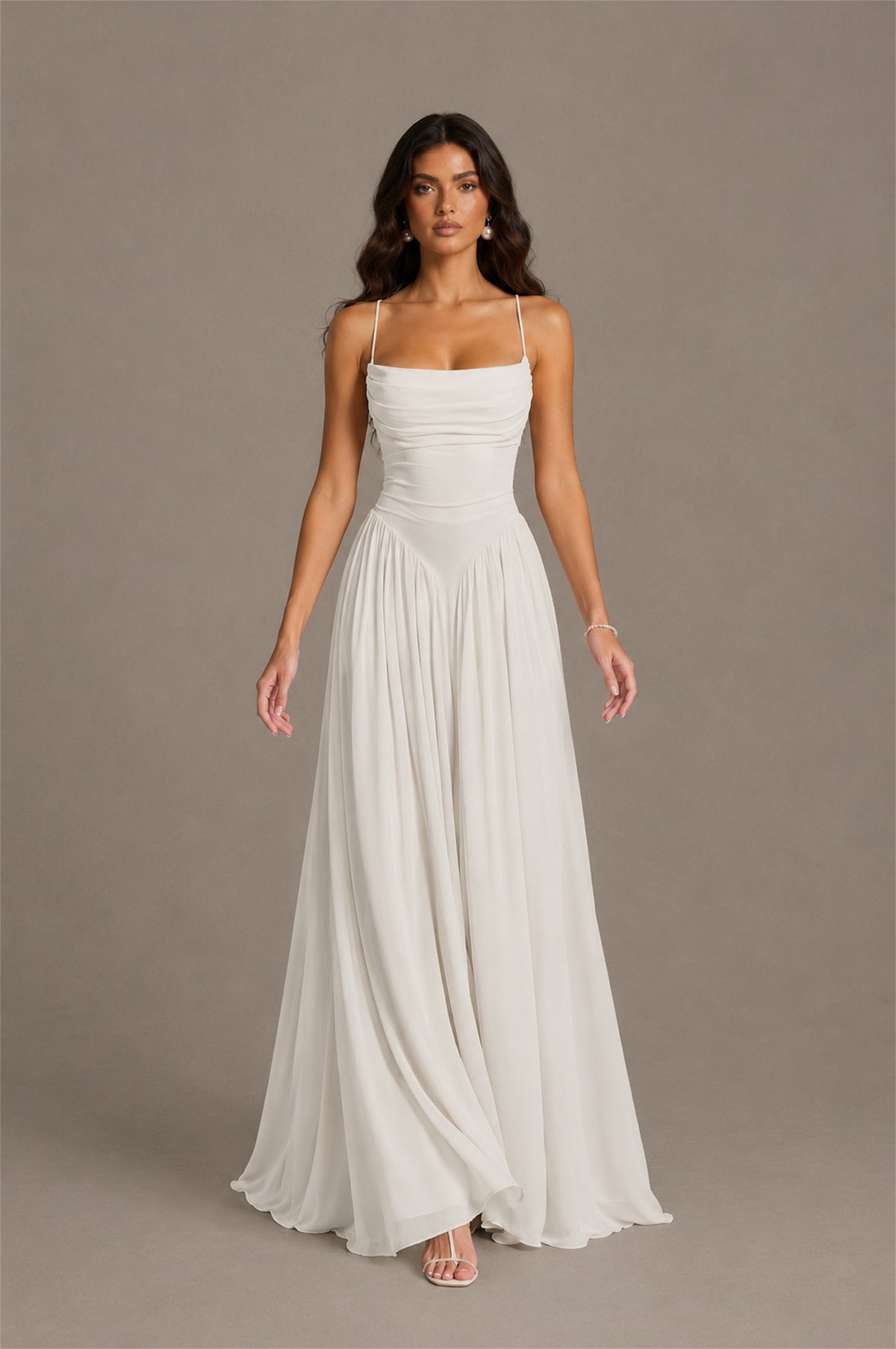 BOLODOO Ivory Spaghetti Strap Square Neck Ruched Chiffon Maxi Dress with Lace-Up Back - Ivory