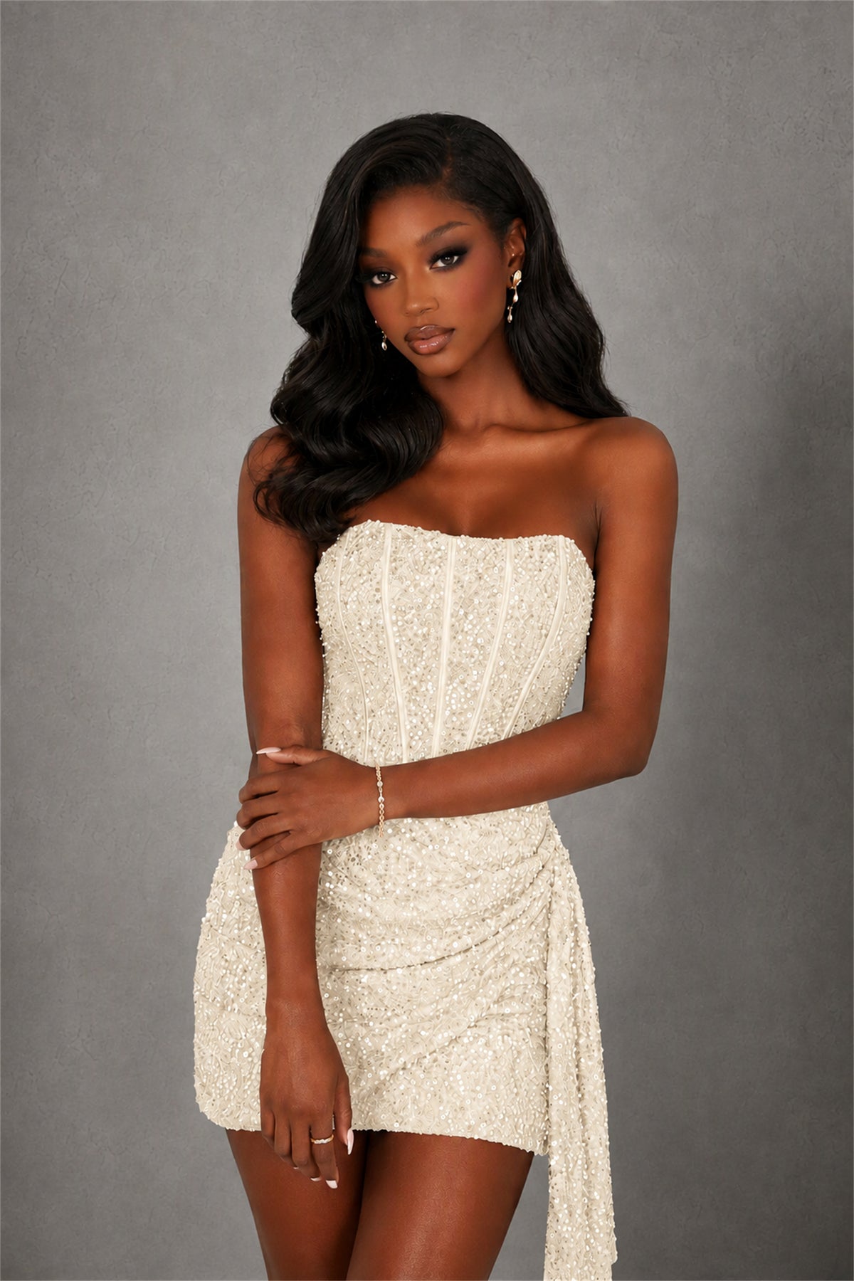 BOLODOO Ivory Sequin Strapless Corset Mini Dress with Side Draped Tail - Ivory