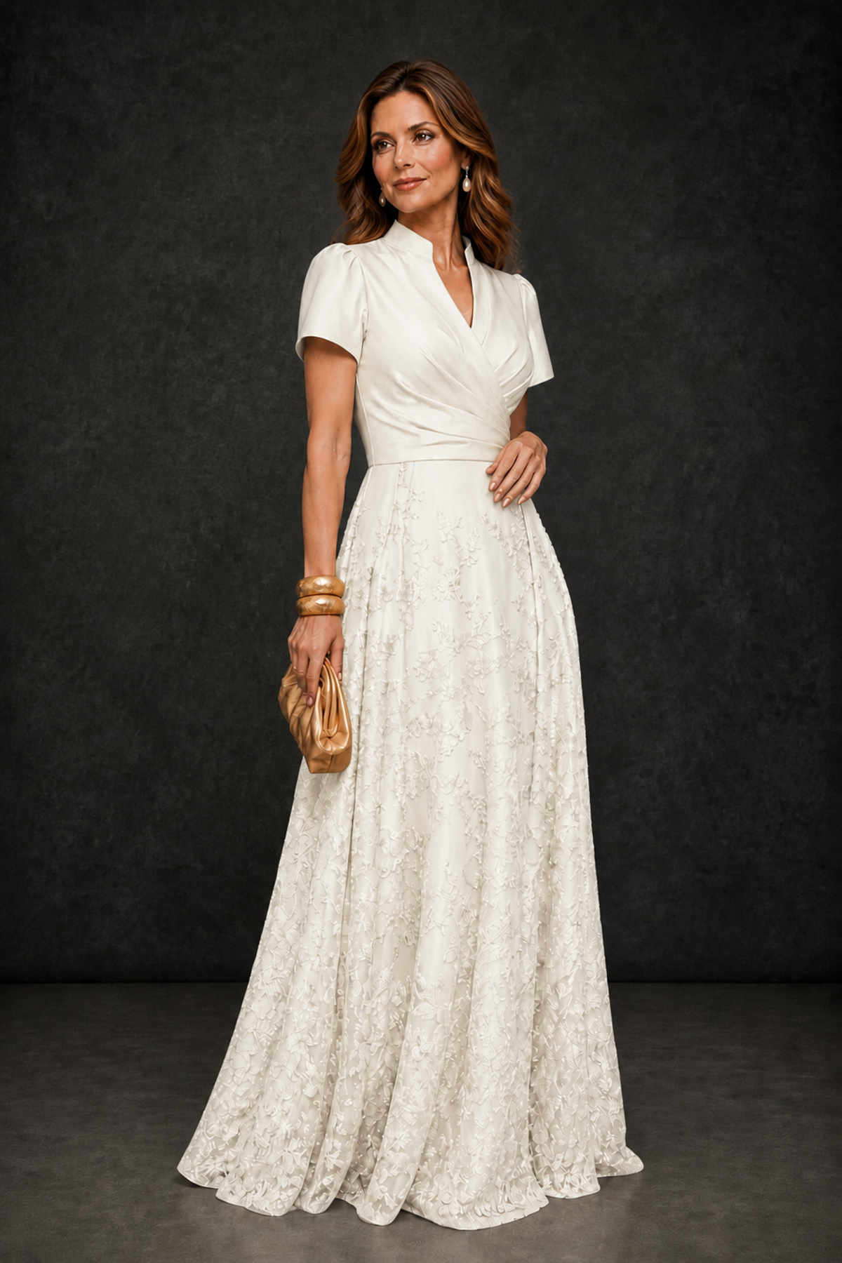 BOLODOO Ivory Satin Wrap V-Neck Short Sleeve Lace Glitter A-Line Floor Length Evening Gown – Formal Dress - Ivory - Ivory (3)
