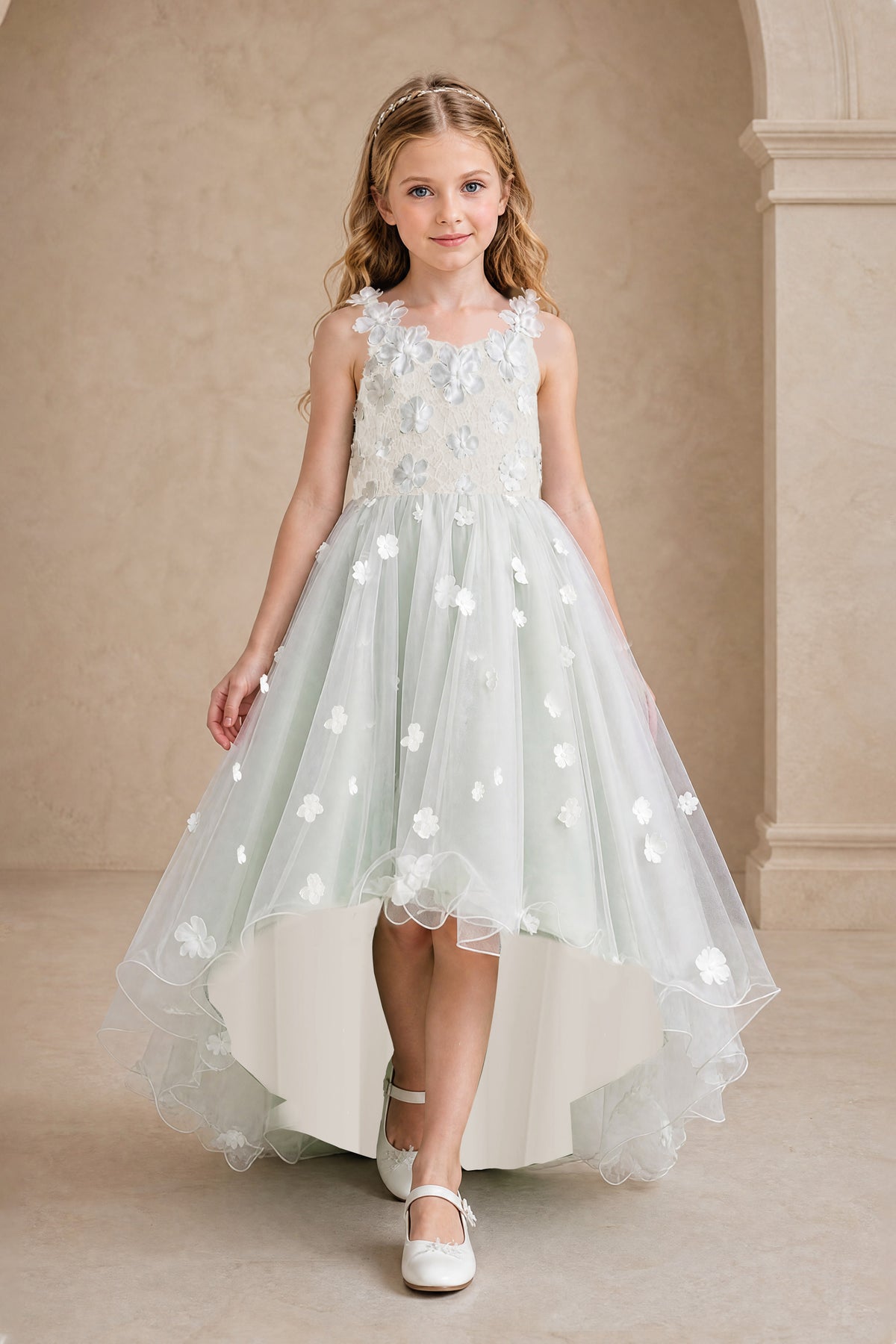 BOLODOO Ivory Flower Girl Dress with Floral Appliqué and High-Low Tulle Skirt - Ivory