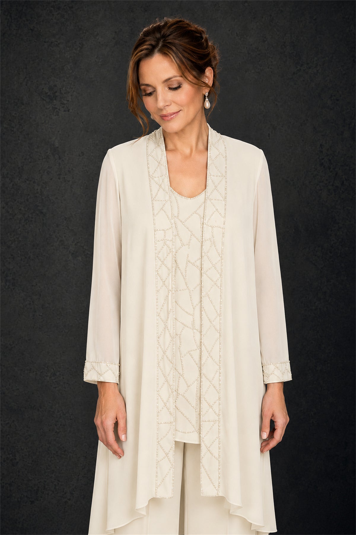 BOLODOO Ivory 3-Piece Beaded Chiffon Duster Jacket Pant Suit - Ivory