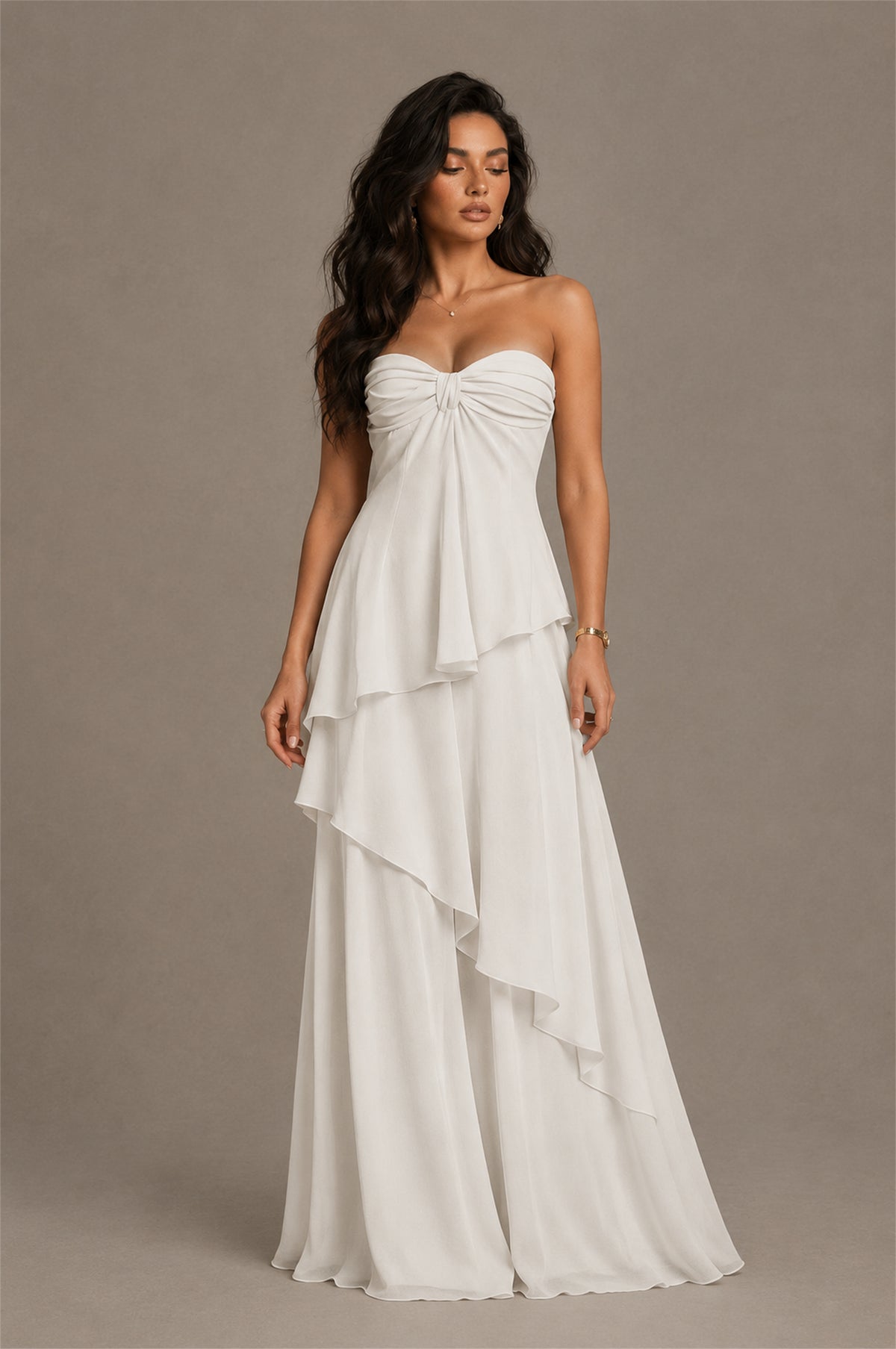 BOLODOO Ivory Strapless Sweetheart Knotted Chiffon Tiered Maxi Dress with Lace-Up Back - Ivory
