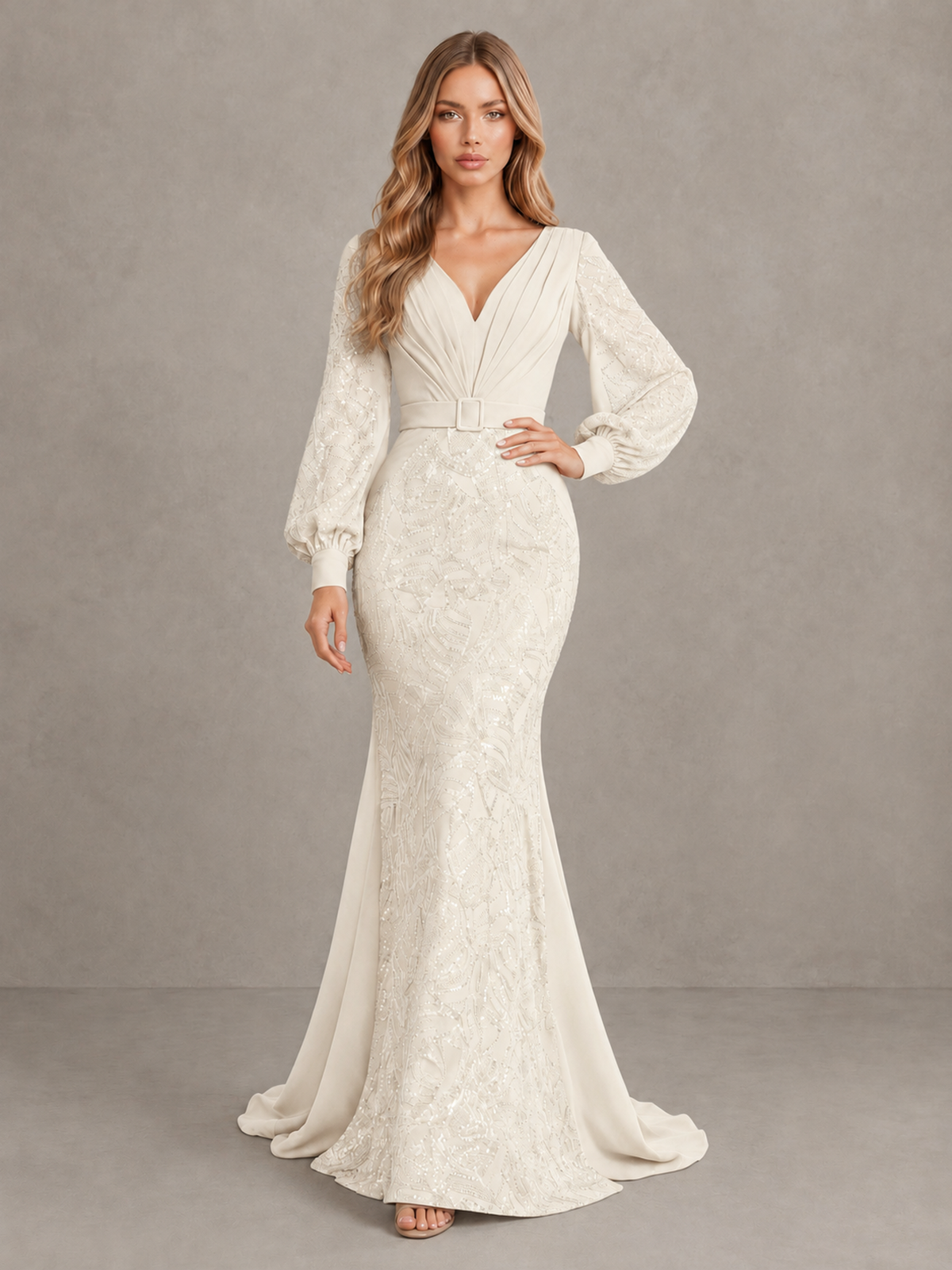 BOLODOO Ivory Sequin Long Bishop Sleeve Mermaid Evening Dress - Ivory - Ivory (3)
