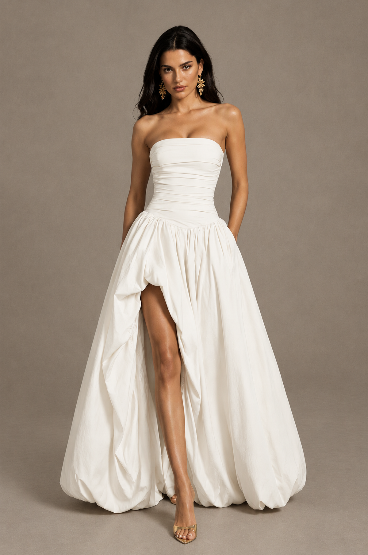 BOLODOO Ivory Strapless Ruched Corset Lace-Up Back Bubble Skirt High Slit Taffeta Maxi Dress - Ivory