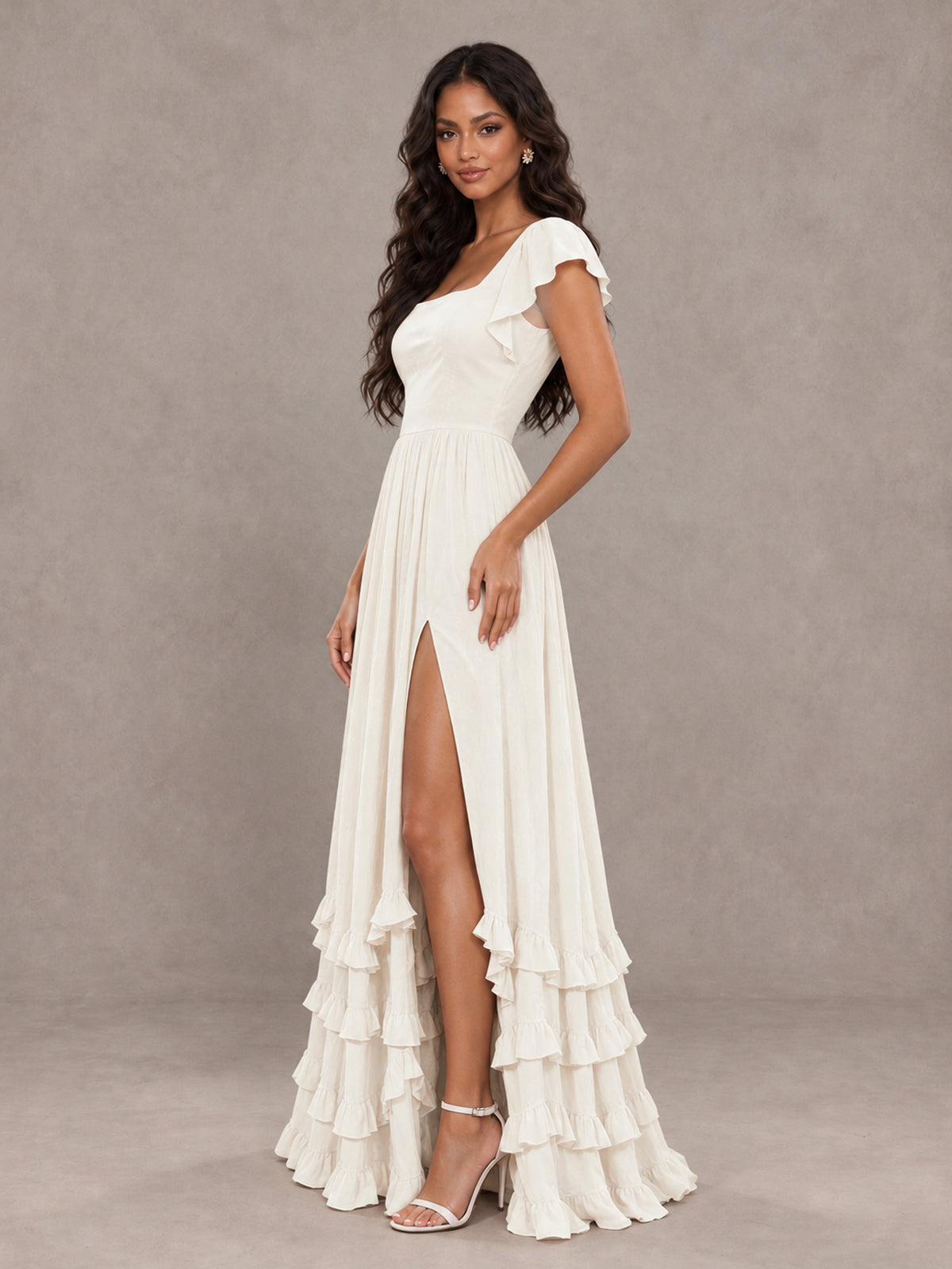 BOLODOO Ivory Flutter Sleeve Ruffle Bridesmaid Dress with Slit - Ivory - Ivory (3)