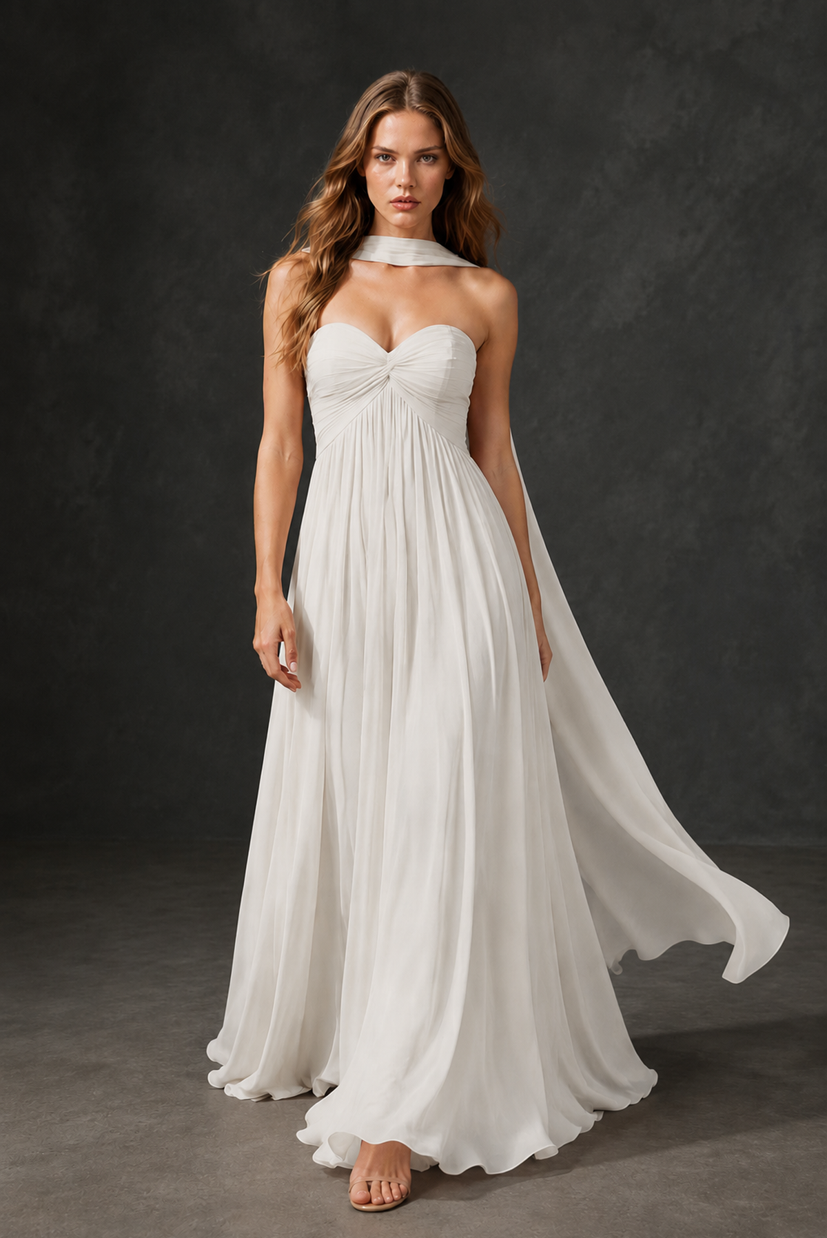 BOLODOO Ivory Sweetheart Strapless Twist Knot Detached Halter Scarf Lace-Up Back Empire Waist Chiffon Maxi Dress - Ivory