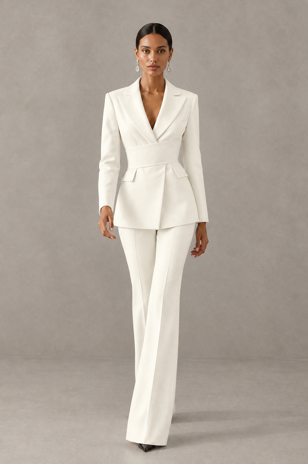 BOLODOO Ivory Two-Piece Pantsuit with Tailored Blazer & Flared Pants - Ivory - Ivory (3)