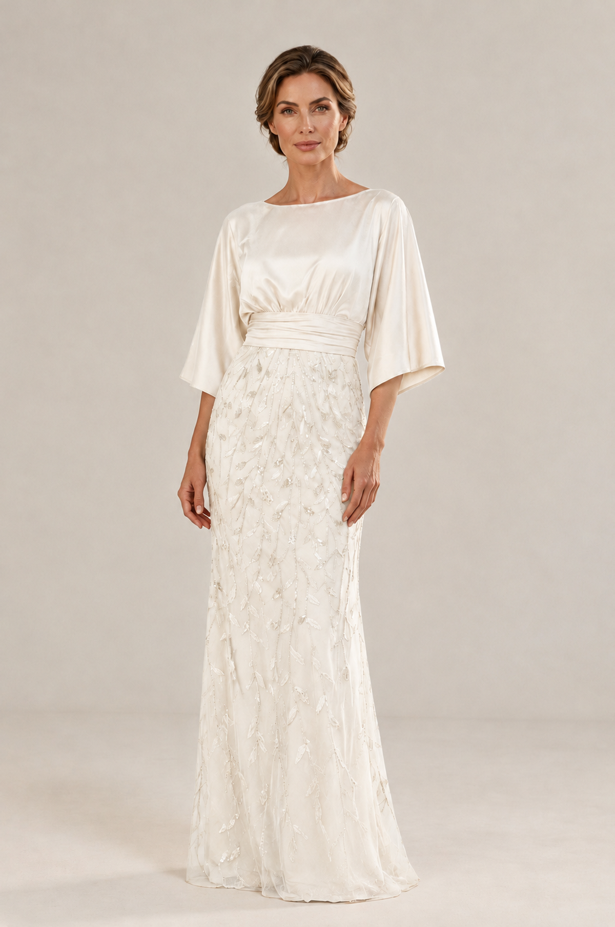 BOLODOO Ivory Mother of the Bride Dress with Kimono Sleeves, Satin Bodice & Sequin Embroidered Mermaid Floor-Length Gown - Ivory - Ivory (3)