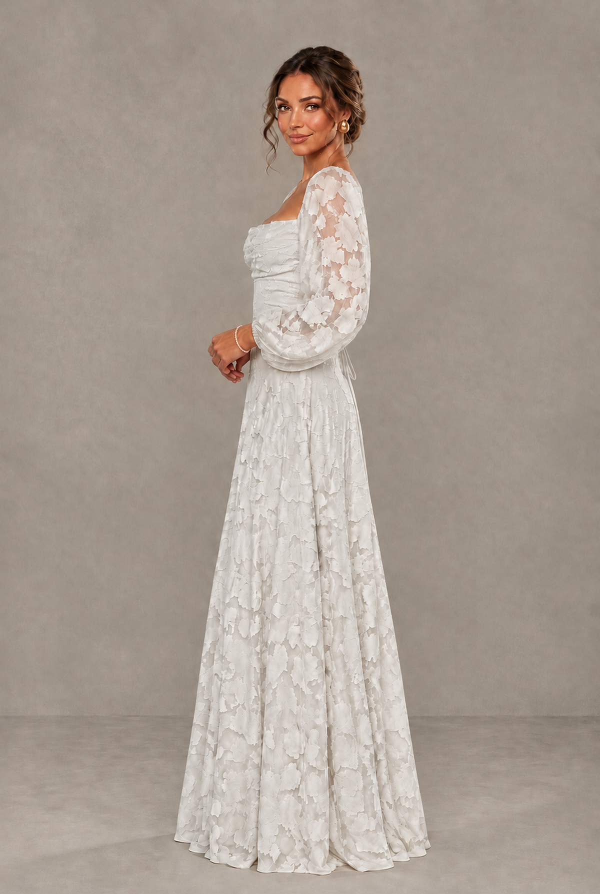 BOLODOO Floral Ivory Long Sleeve A-Line Dress with Lace-Up Back - Ivory