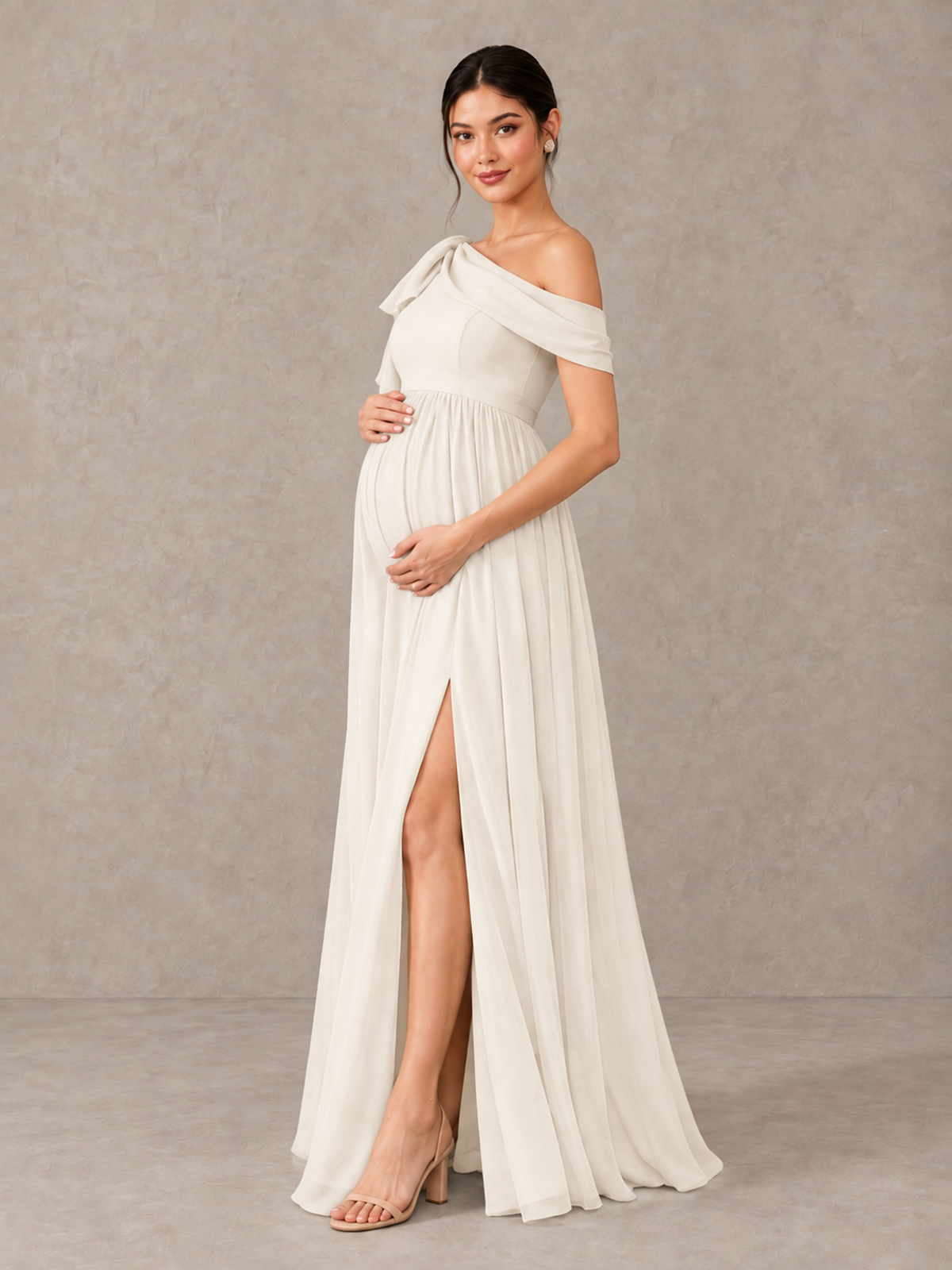 BOLODOO Ivory One-Shoulder Maternity Bridesmaid Dress with Slit - Ivory - Ivory (3)