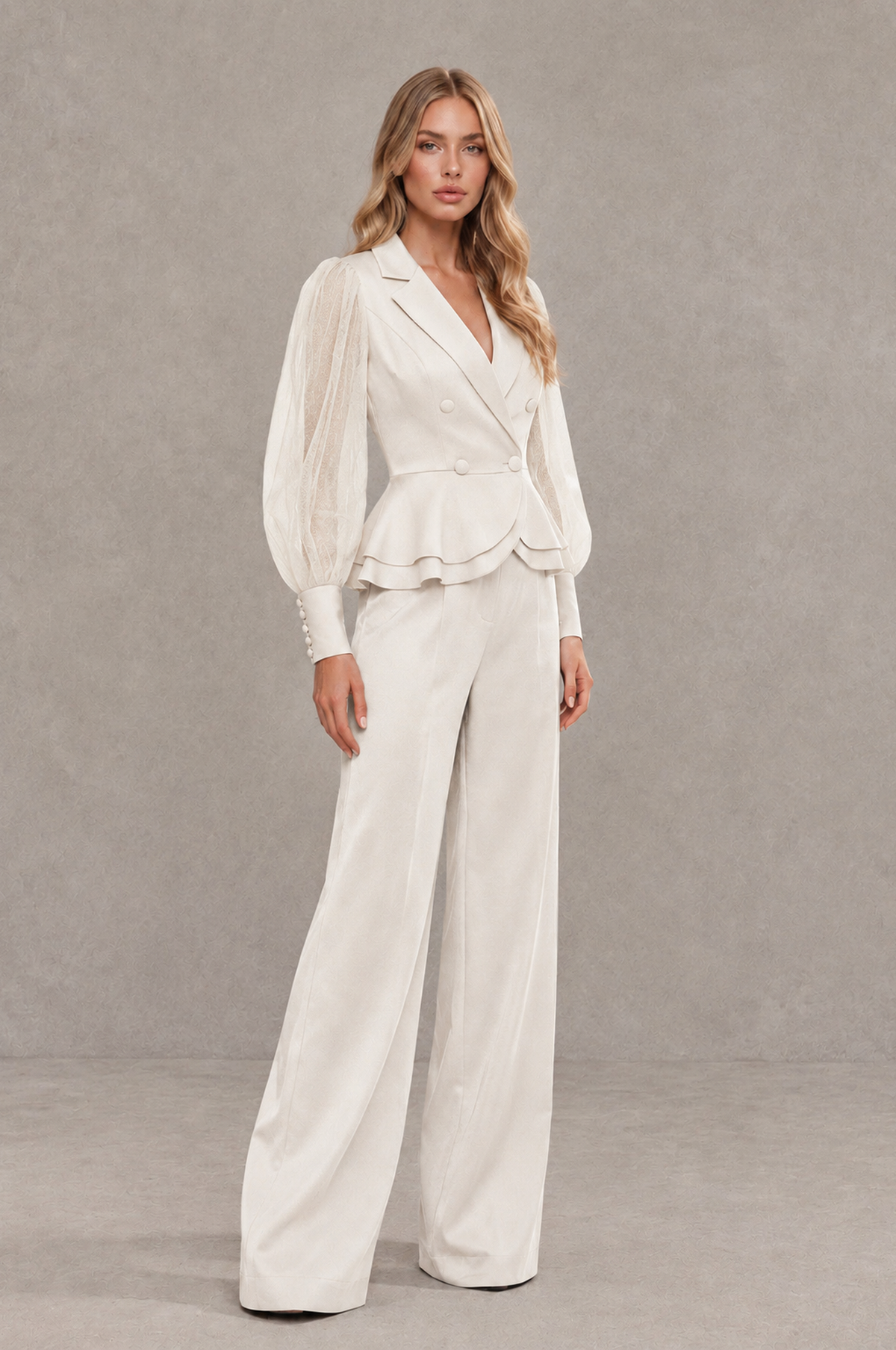 BOLODOO Mint Ivory Peplum Blazer Wide-Leg Pantsuit with Sheer Puff Sleeves - Ivory