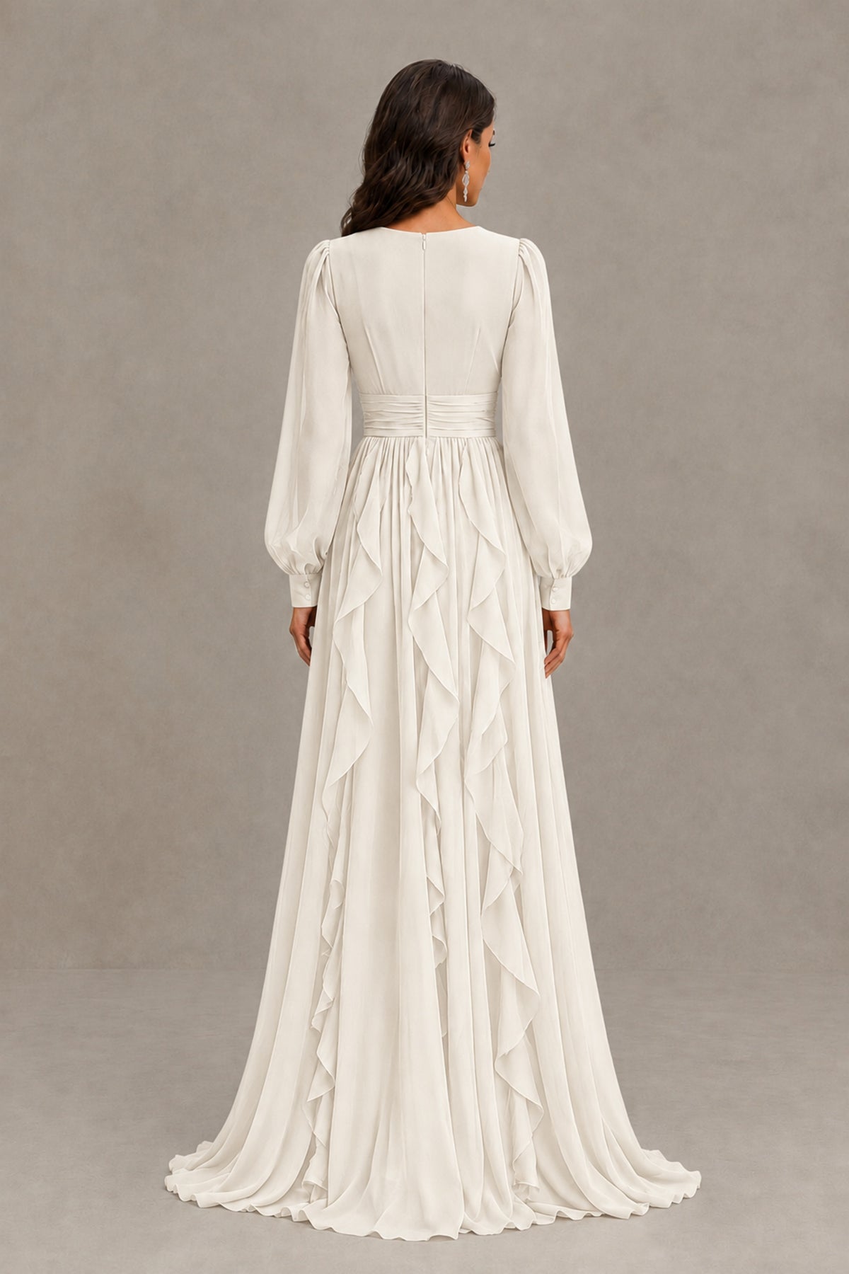 BOLODOO Ivory Long Sleeve V-Neck Ruffle Maxi Dress - Ivory - Ivory (3)