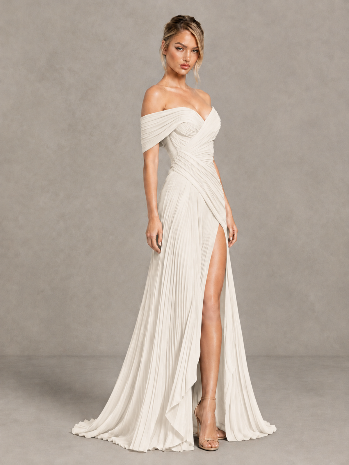 BOLODOO Ivory Off-Shoulder Ruched Pleated Maxi Dress with High Slit - Ivory - Ivory (3)