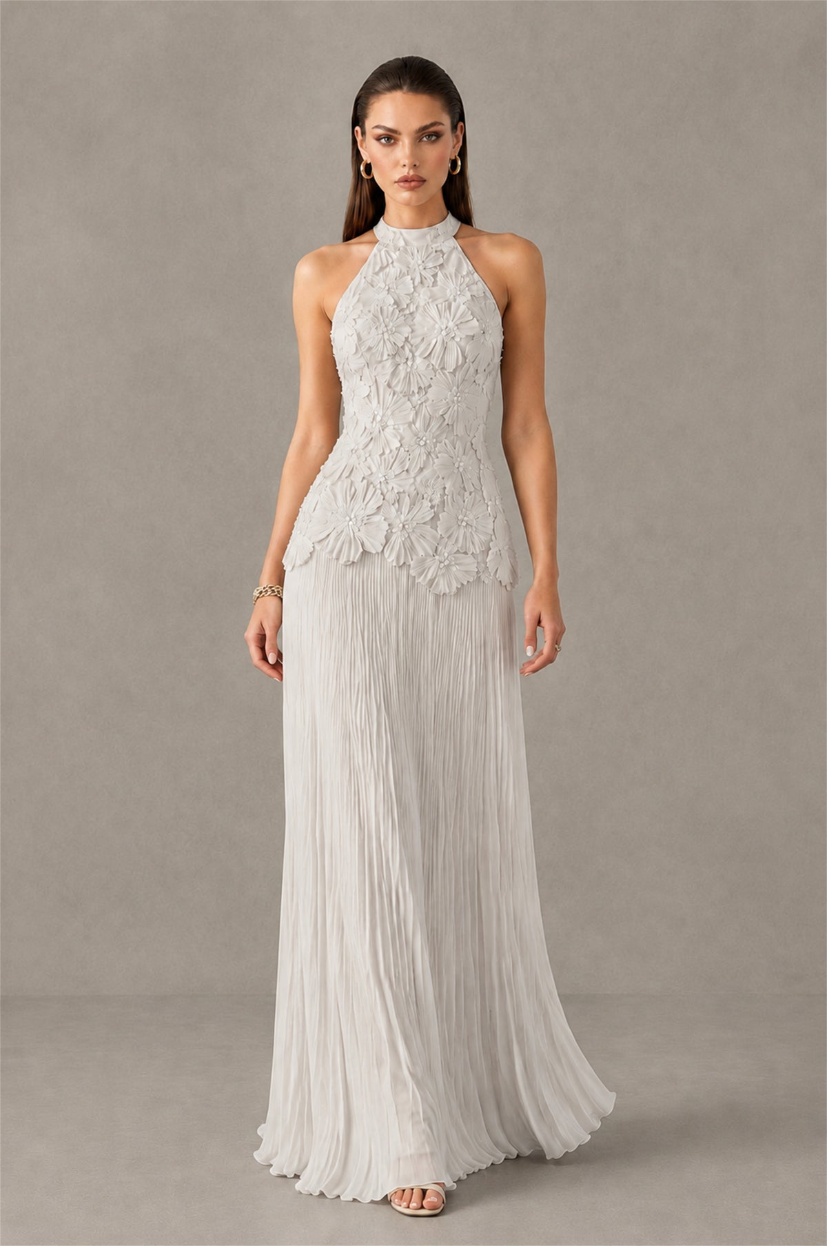 BOLODOO Ivory 3D Floral Applique Halter Neck Open Back Pleated Maxi Dress - Ivory