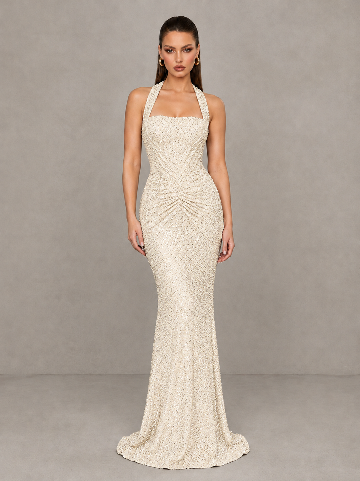BOLODOO Ivory Sequin Halter Mermaid Evening Gown - Ivory - Ivory (3)