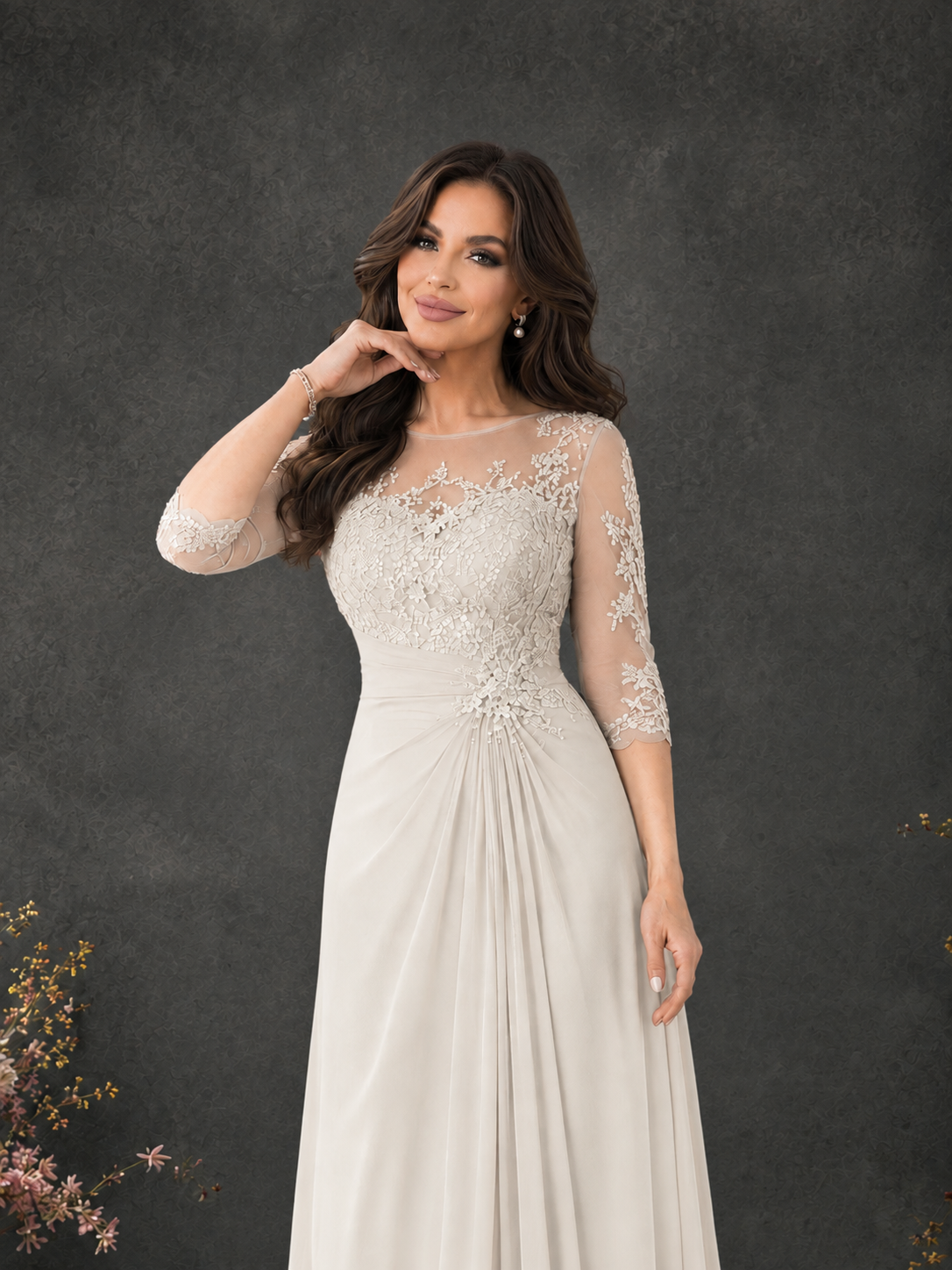 BOLODOO Ivory Chiffon Lace Illusion Neckline 3/4 Sleeve Floor Length Formal Gown - Ivory